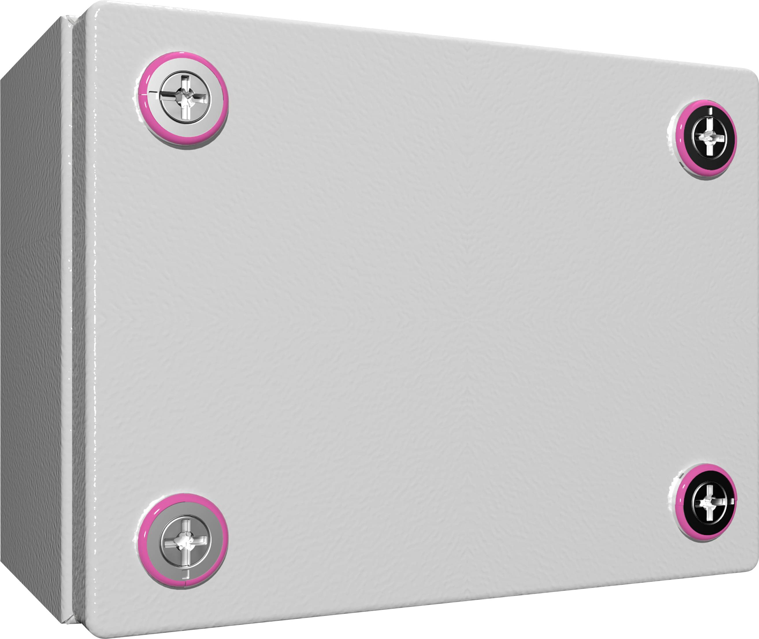 'Szürke doboz négy csavarfejjel a sarkain, rózsaszín gyűrűvel keretezve.'