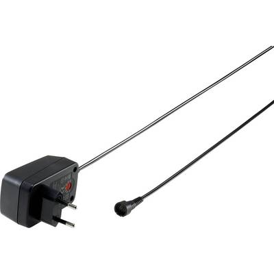 Fekete hálózati adapter érintkezőkkel és hosszú kábellel. A kábel egy speciális csatlakozóban végződik. Elektronikai eszközökhöz alkalmas.