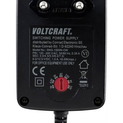 Fekete tápegység a VOLTCRAFT-tól, modellszám: SNG-1500N-0W, 100-240 V váltóáramú specifikációkkal, irodai felszerelésekhez alkalmas.