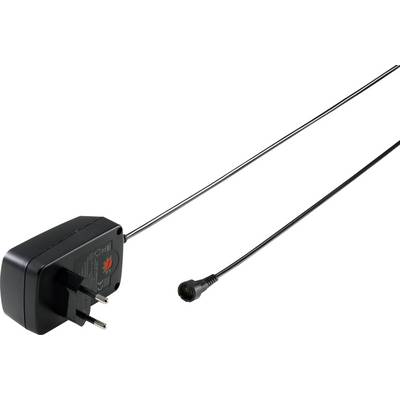 Egy fekete hálózati adapter EU-s csatlakozóval és hosszú kábellel, amely egy kerek csatlakozóban végződik. Alkalmas elektronikus eszközök töltésére.