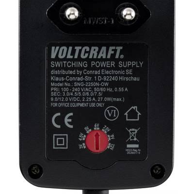 Tápegység felirata: 'VOLTCRAFT kapcsolóüzemű tápegység'. Modell SNG-2250N-OW, 100-240V bemenet, 50/60Hz, kimenet 9/12V, 2/2,25A max.