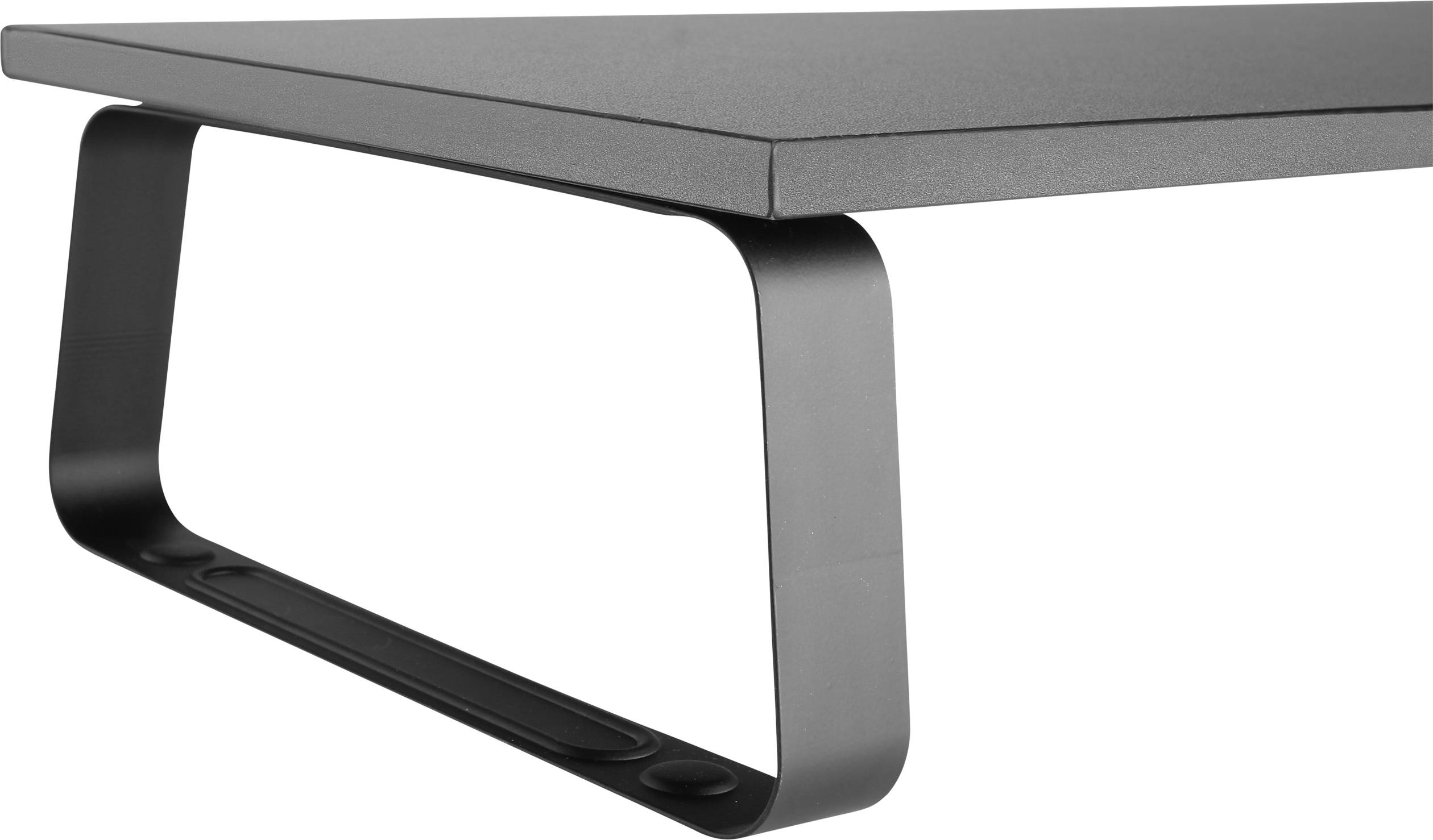 Modern fekete asztal téglalap alakú lappal és íves fém vázzal. Minimalista design lakásba vagy irodába.