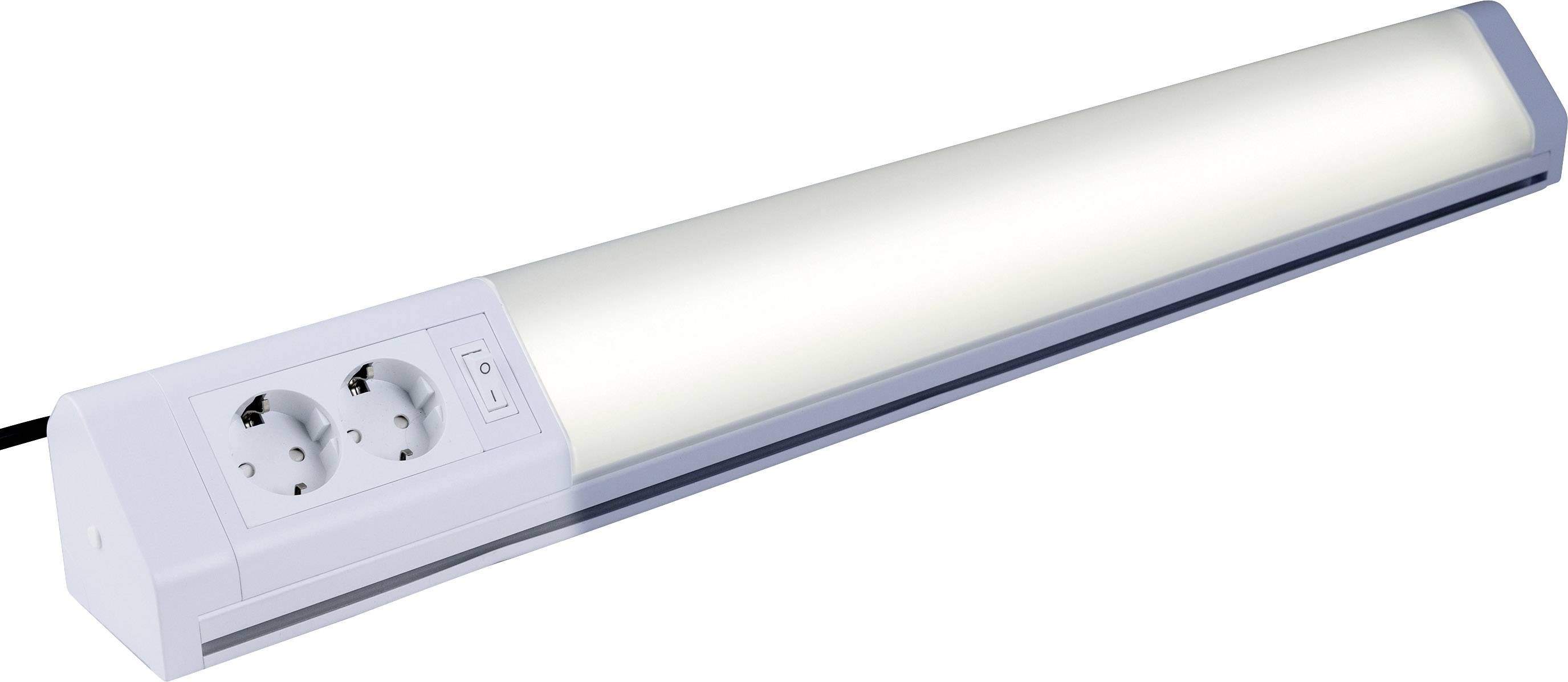 Fehér LED-sáv két beépített csatlakozóaljzattal és kapcsolóval, alkalmas konyhai vagy műhelyi világításhoz.