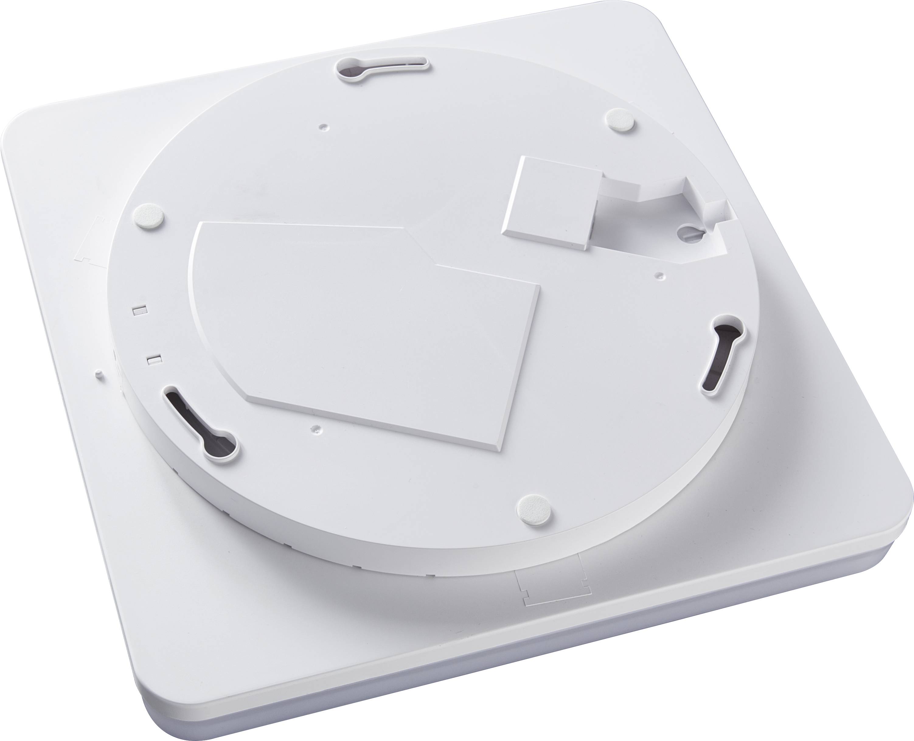 Egy fehér, négyzet alakú, lekerekített sarkú hozzáférési pont, amelynek hátoldalán fali vagy mennyezeti rögzítésre szolgáló lyukak láthatók.