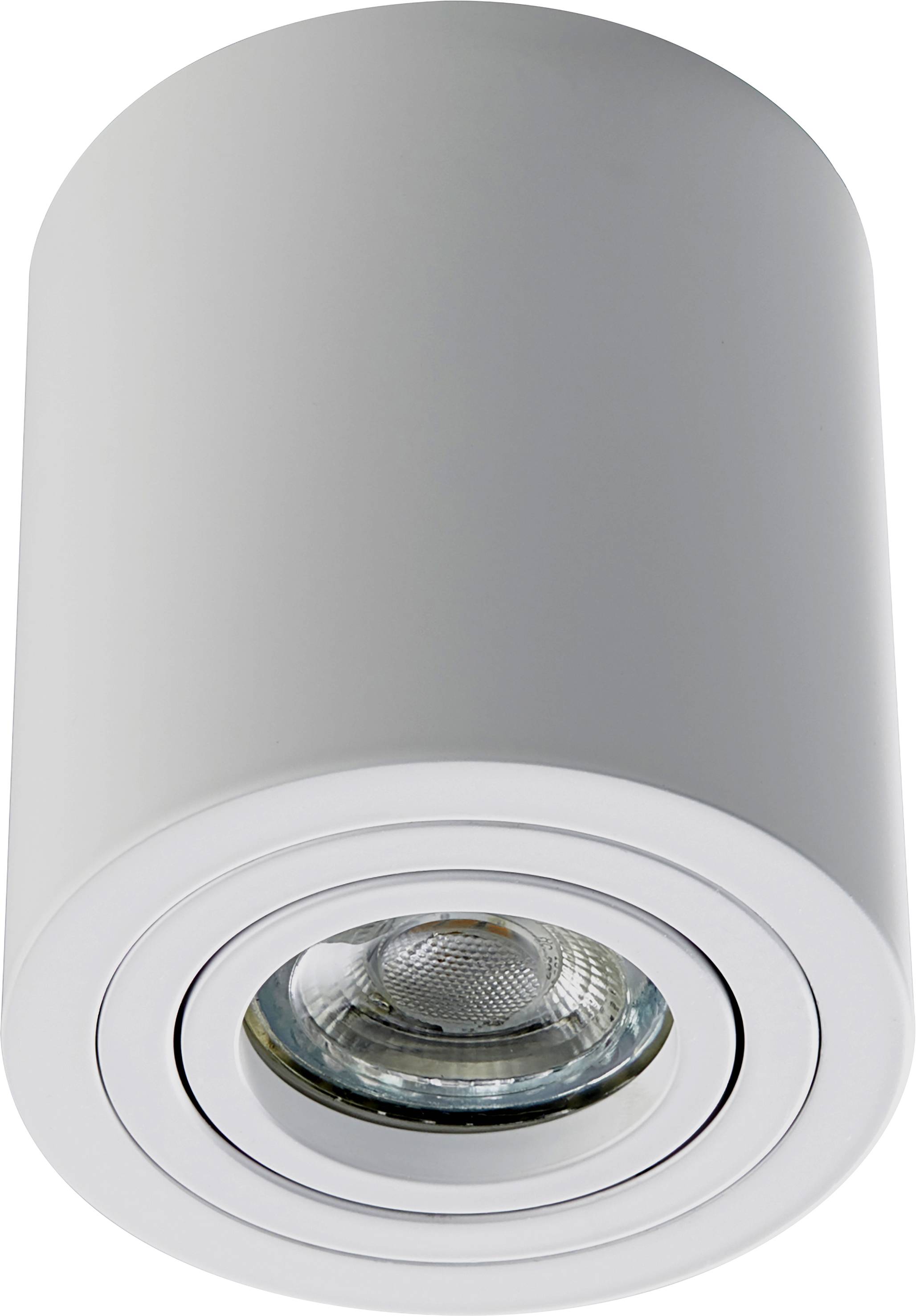 Fehér, hengeres mennyezeti lámpa beépített LED-spotlámpával, modern beltéri világításhoz tervezve.