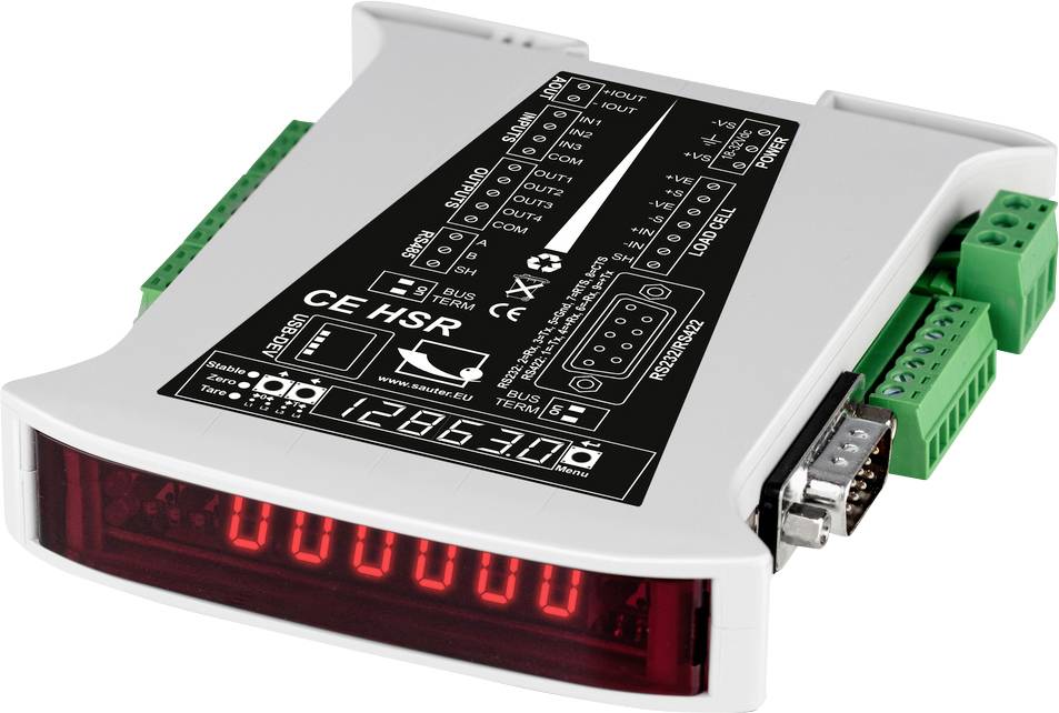 Elektronikus eszköz LED-kijelzővel és csatlakozási lehetőségekkel, amely valószínűleg adatfeldolgozásra vagy vezérlésre szolgál.