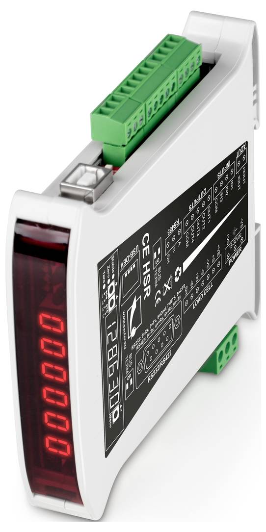 Elektronikus eszköz digitális kijelzővel és zöld csatlakozókapcsokkal felül, műszaki adatok CE-jelöléssel az oldalán.