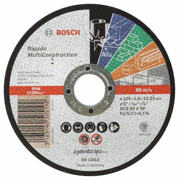 Bosch MultiConstruction csiszolótárcsa, alkalmas rozsdamentes acélhoz, alumíniumhoz és PVC-hez. Méret: 125 x 1,6 x 22,23 mm.