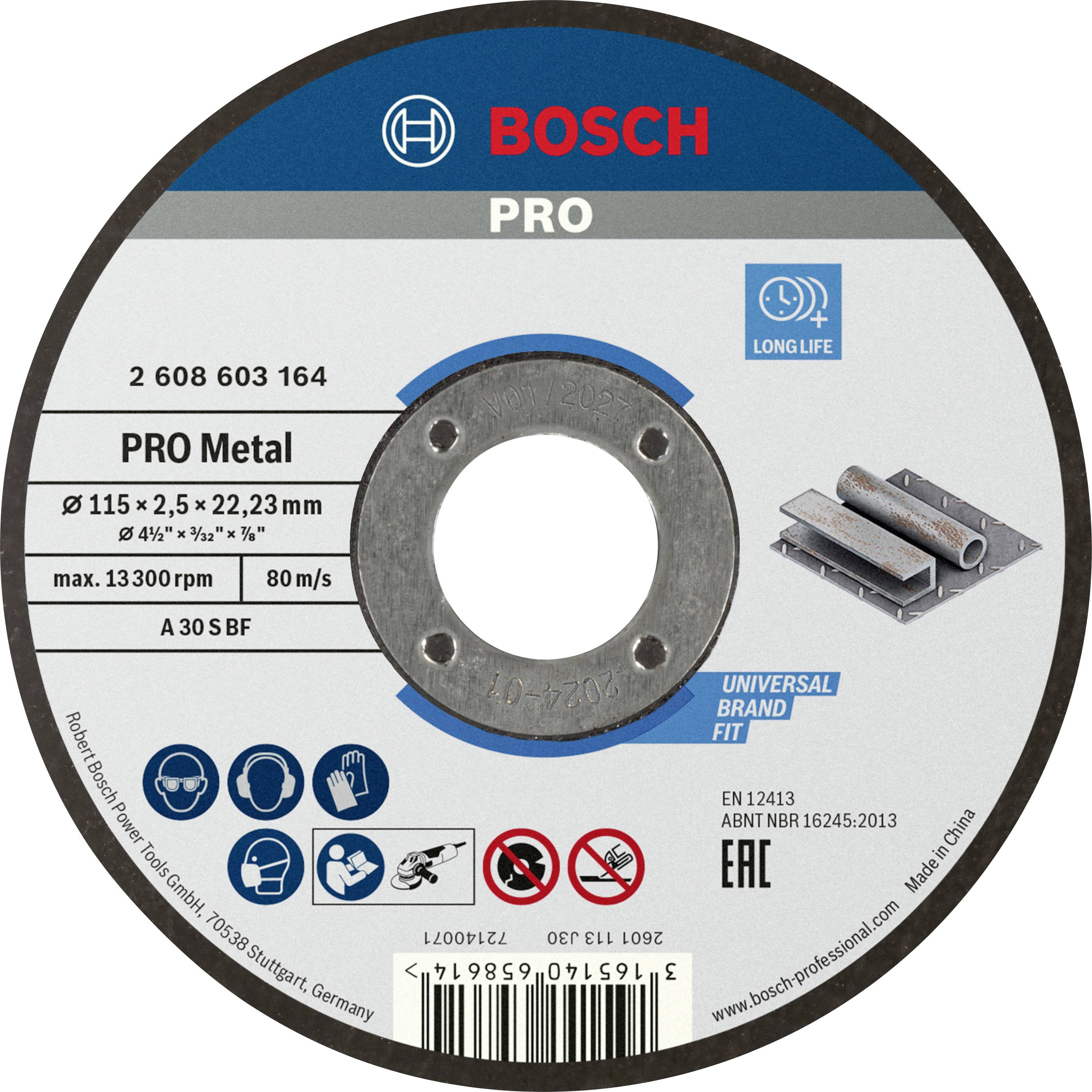 Bosch 'Pro Metal' fémvágó csiszolótárcsa, méret 115 x 2,5 x 22,23 mm. Hosszú élettartamot jelző szimbólum, max. 13.300 ford/perc.