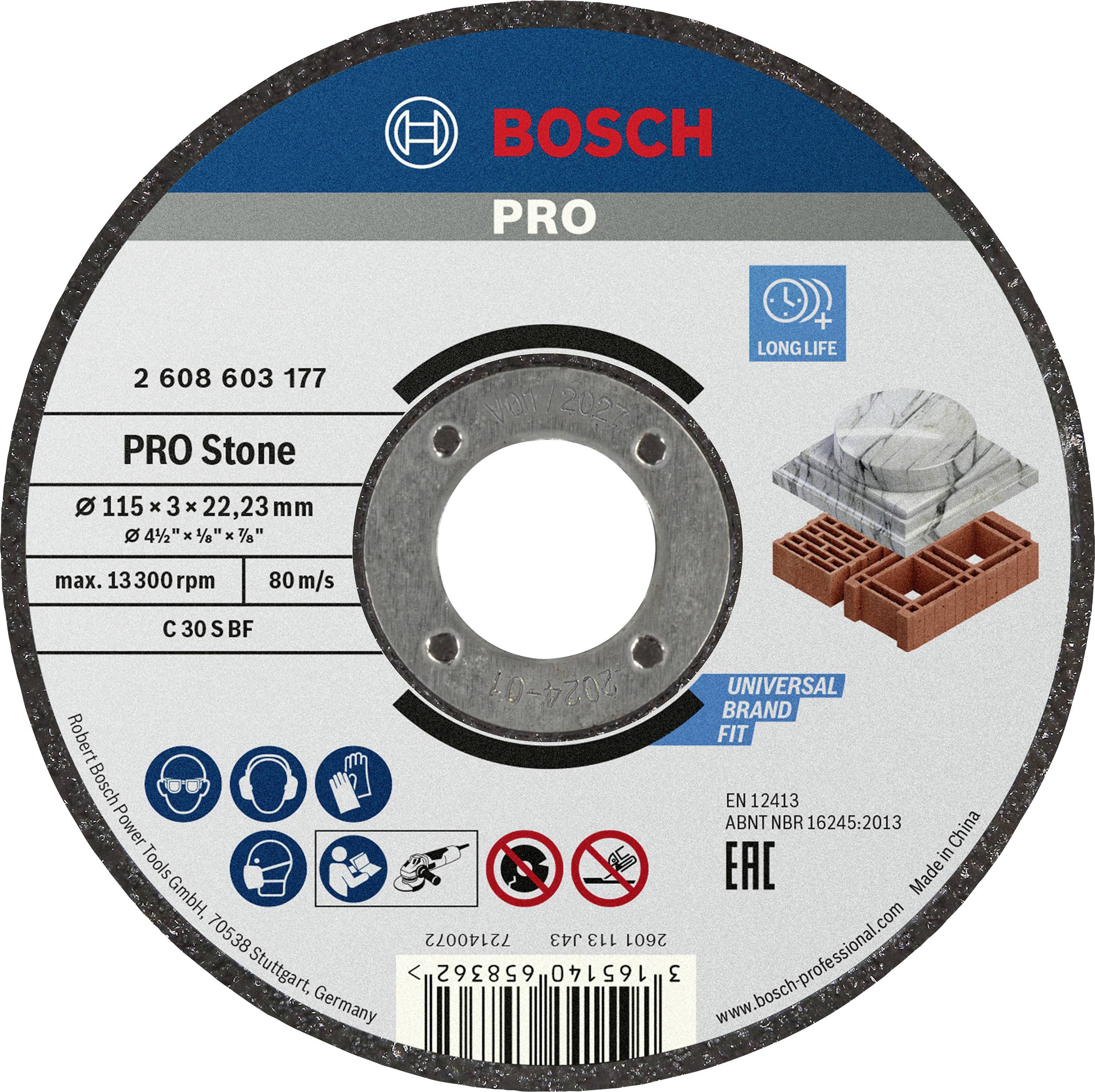 Bosch csiszolótárcsa, 'PRO Stone' modell, kőmegmunkáláshoz. Átmérő 115 mm, maximális fordulatszám 13.300 ford/perc, 'Long Life' kivitel.