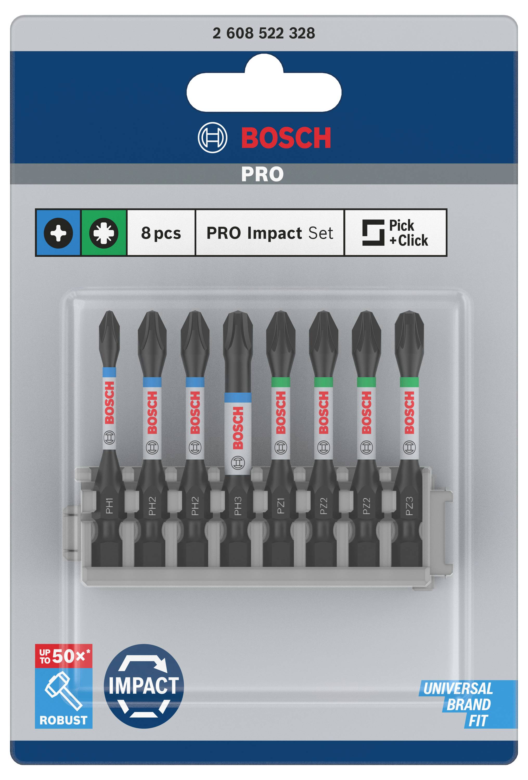 Egy csomag 8 Bosch PRO Impact bittel, különböző méretekben és színekkel jelölve, univerzális alkalmazásokhoz alkalmas.