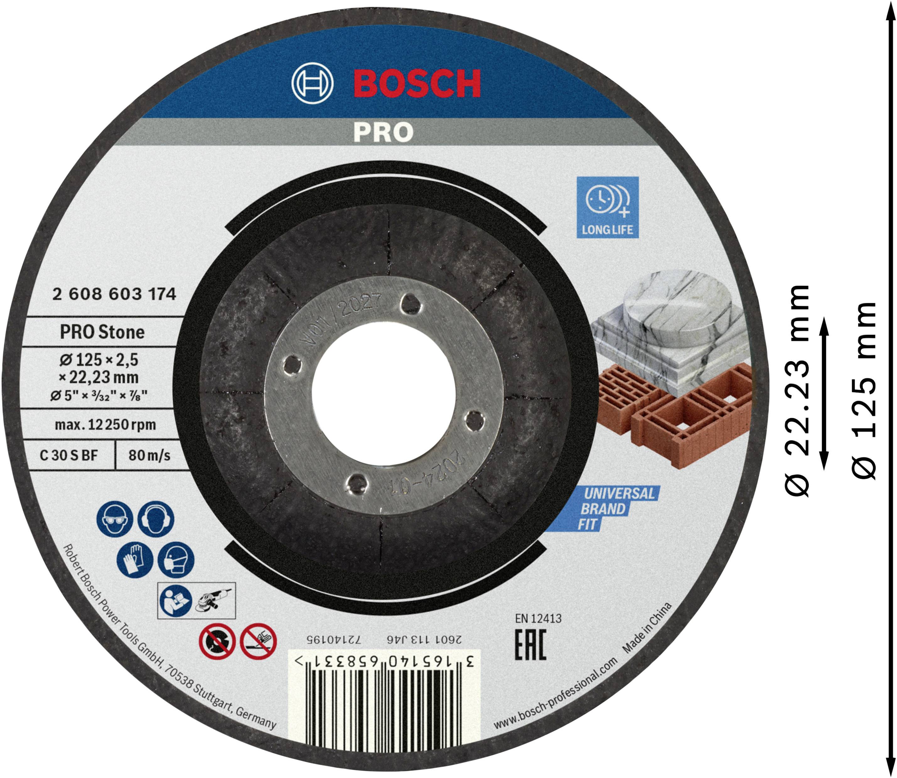 Bosch csiszolótárcsa, 'PRO Stone' modell, átmérő 125 mm, vastagság 2,23 mm, kőmegmunkálásra alkalmas; tartóssági szimbólummal.