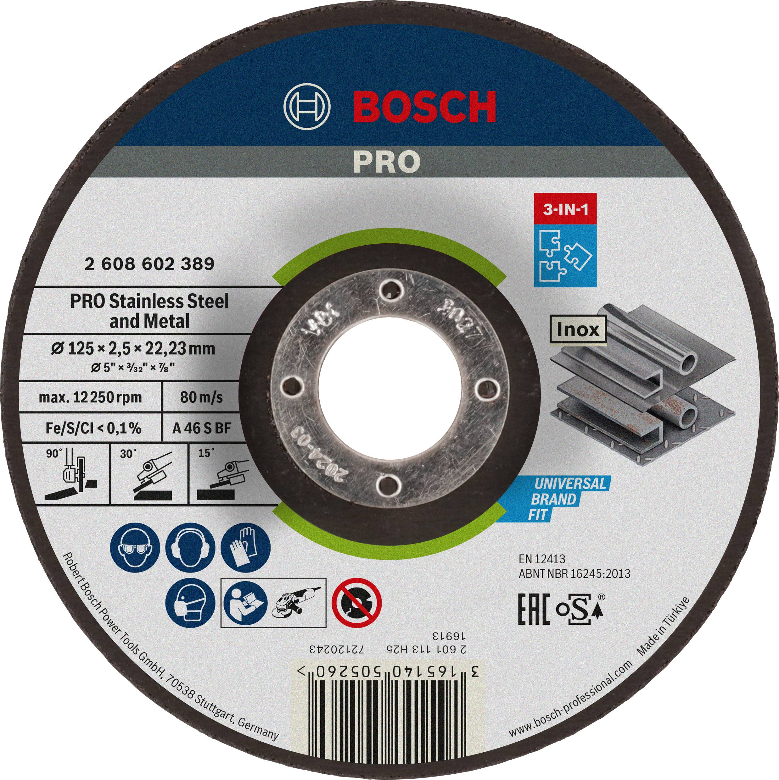 Bosch csiszolótárcsa, alkalmas rozsdamentes acélhoz és fémekhez. Átmérő 125 mm, vastagság 2,5 mm, max. fordulatszám 12.250 fordulat/perc.