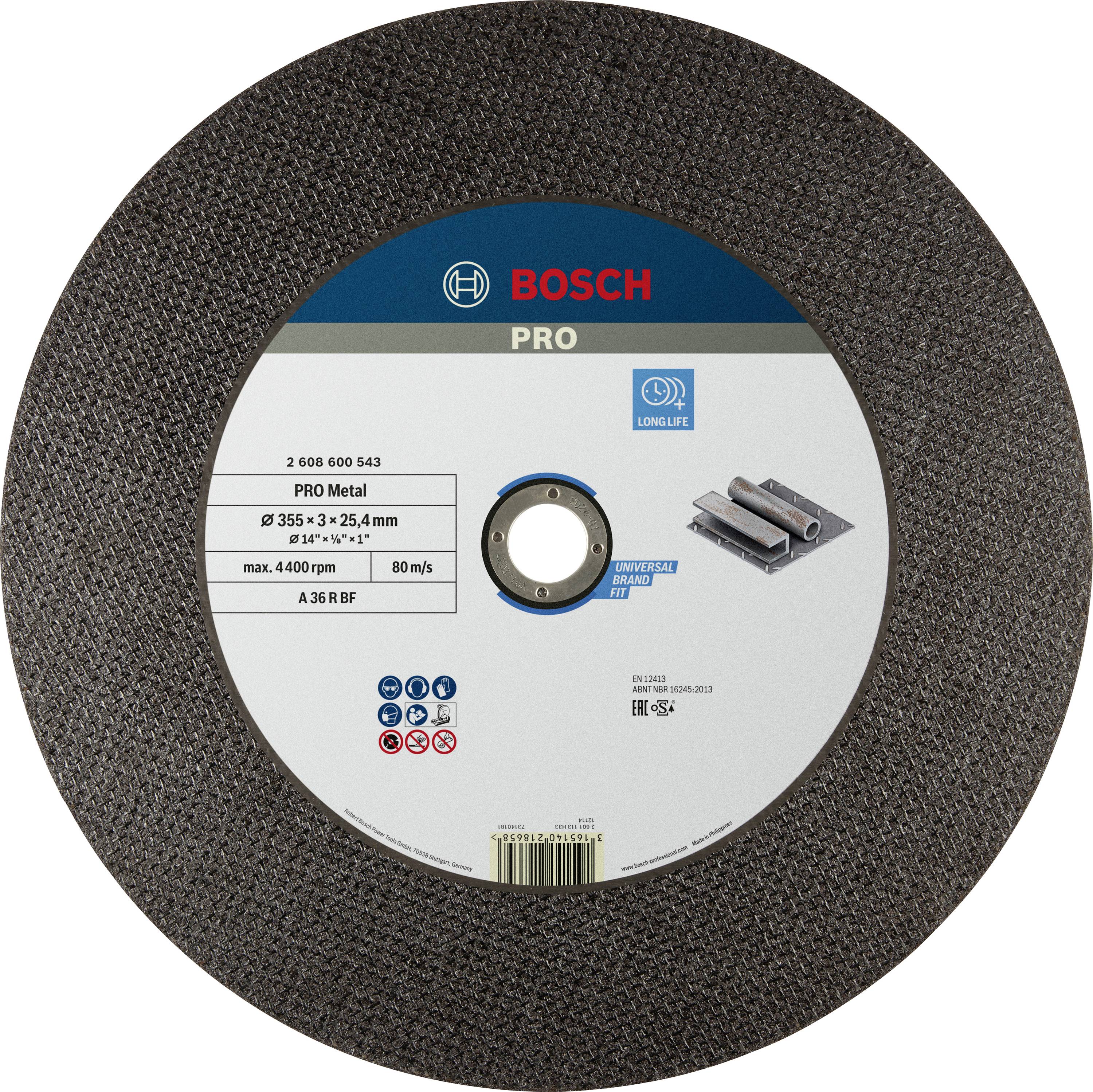 A Bosch PRO fémvágó korong ábrázolása, 355 mm átmérővel és 25,4 mm-es furattal, fémvágási munkálatokhoz.