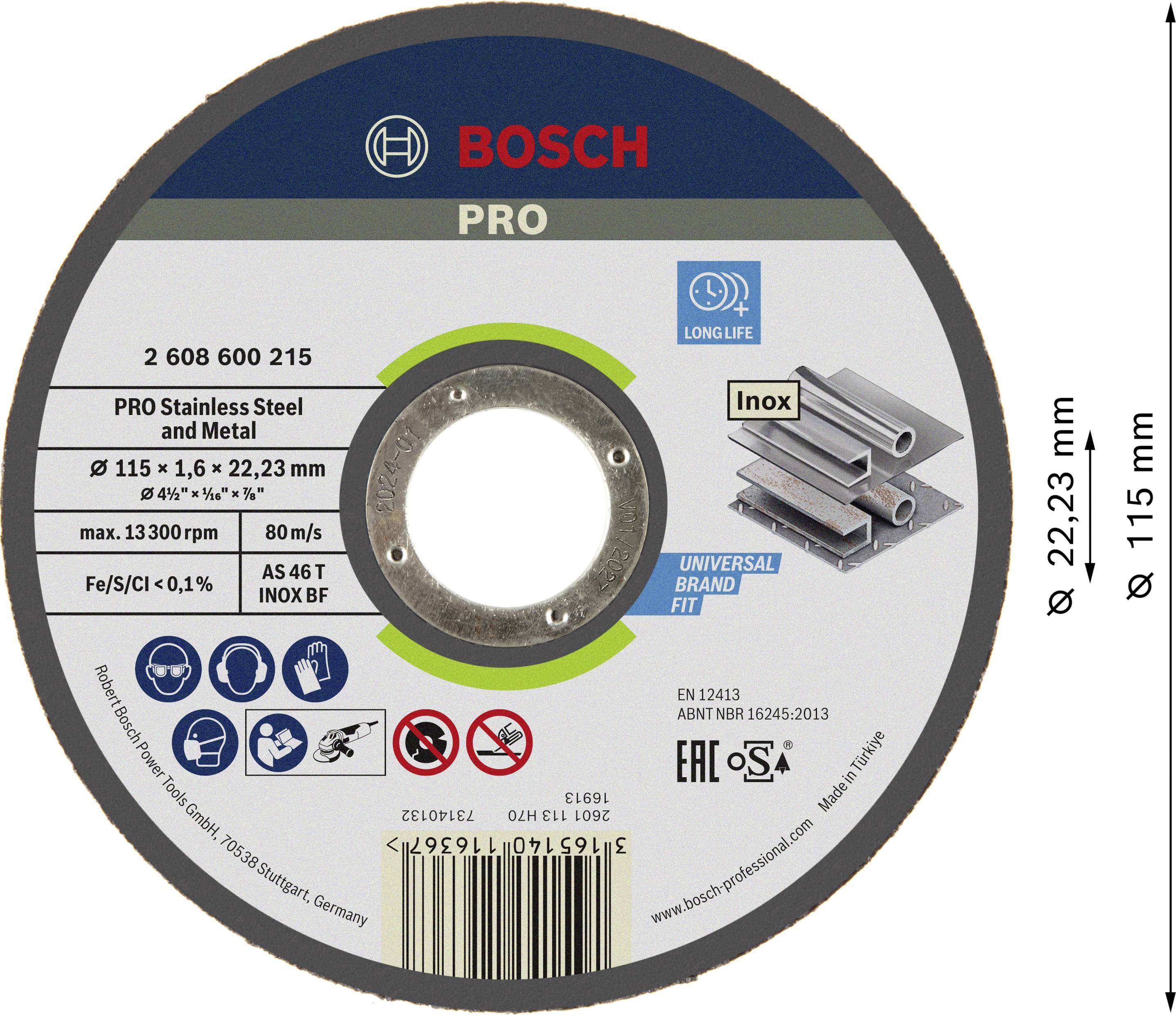Csiszolókorong nemesacélhoz és fémhez, átmérő 115 mm, vastagság 1,6 mm, furat 22,23 mm, Bosch márka, Long Life és Inox jelöléssel.