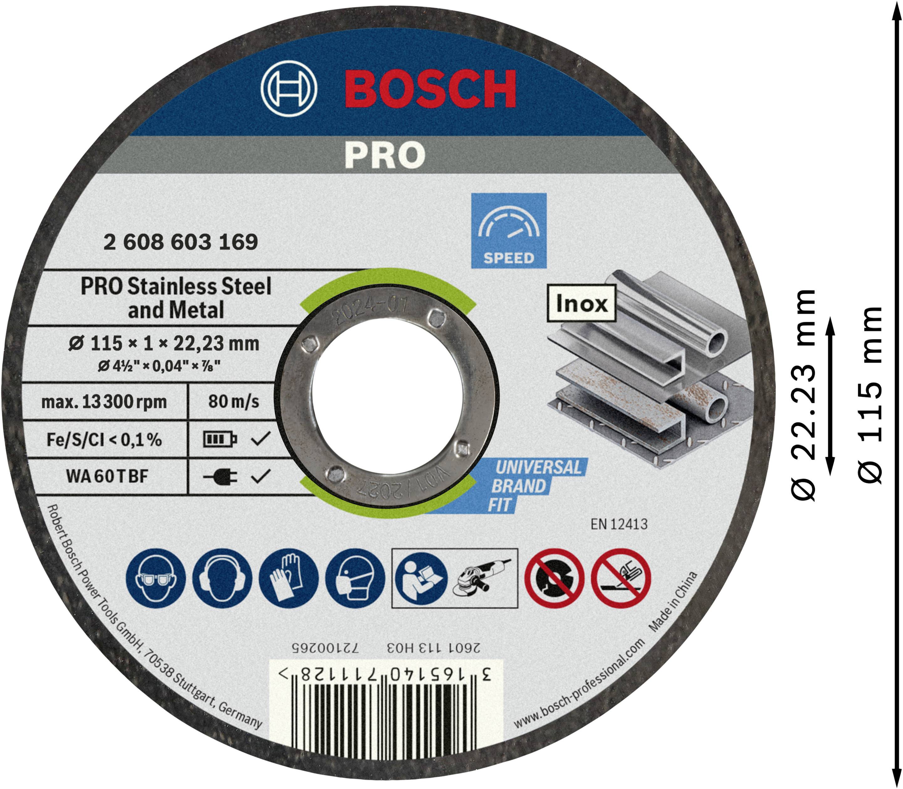 Bosch csiszolótárcsa nemesacélhoz és fémhez, átmérő 115 mm, vastagság 1 mm, maximális fordulatszám 13.300 ford/perc.