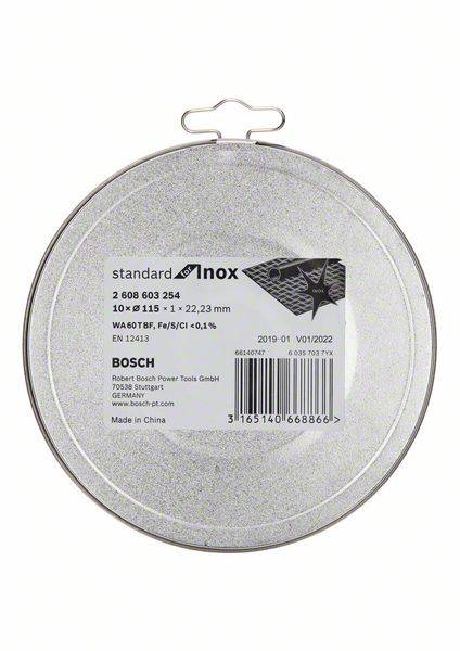Kerek ezüstszínű Bosch vágókorong. A felirat méreteket mutat: '115 mm x 1 mm', anyag: 'WA 60 T BF', alkalmas fémvágásra.