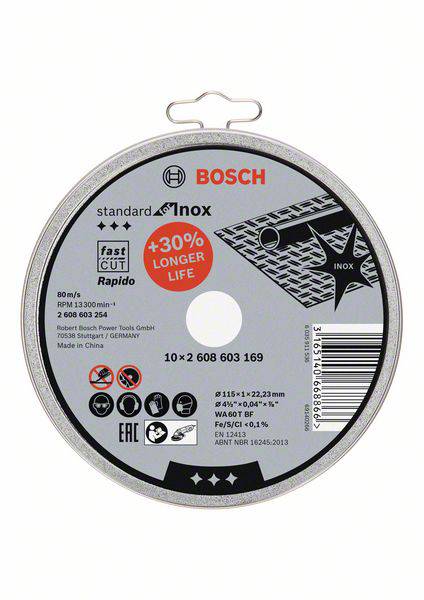 Fémvágó korong, Bosch márka, vágási élettartamra, tartósságra és technikai részletekre vonatkozó feliratokkal.