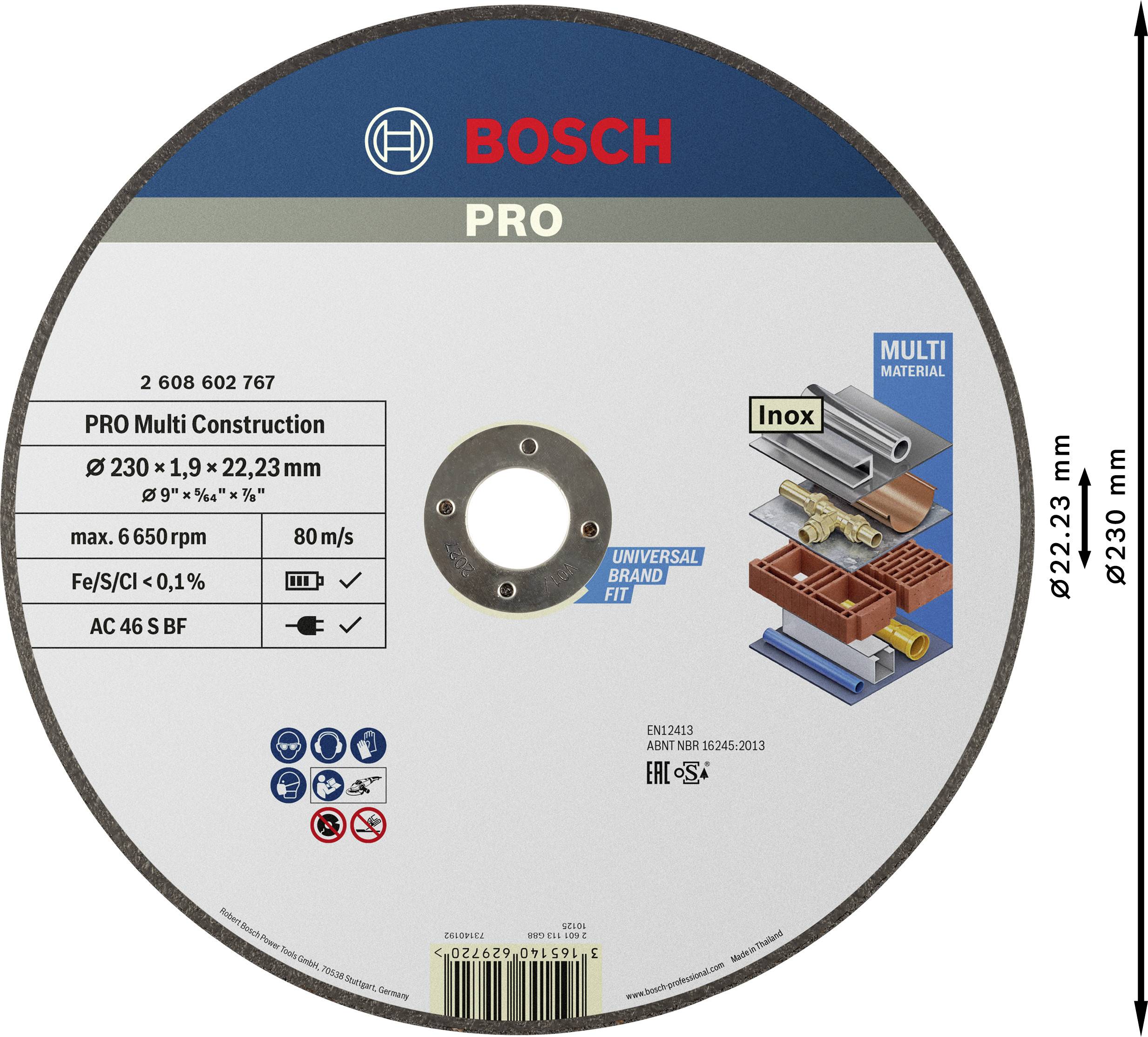 Csiszolótárcsa Bosch logóval és 'PRO' jelöléssel multi-konstrukciókhoz, 230mm átmérő, különböző anyagokhoz alkalmas, Inox jelzéssel.