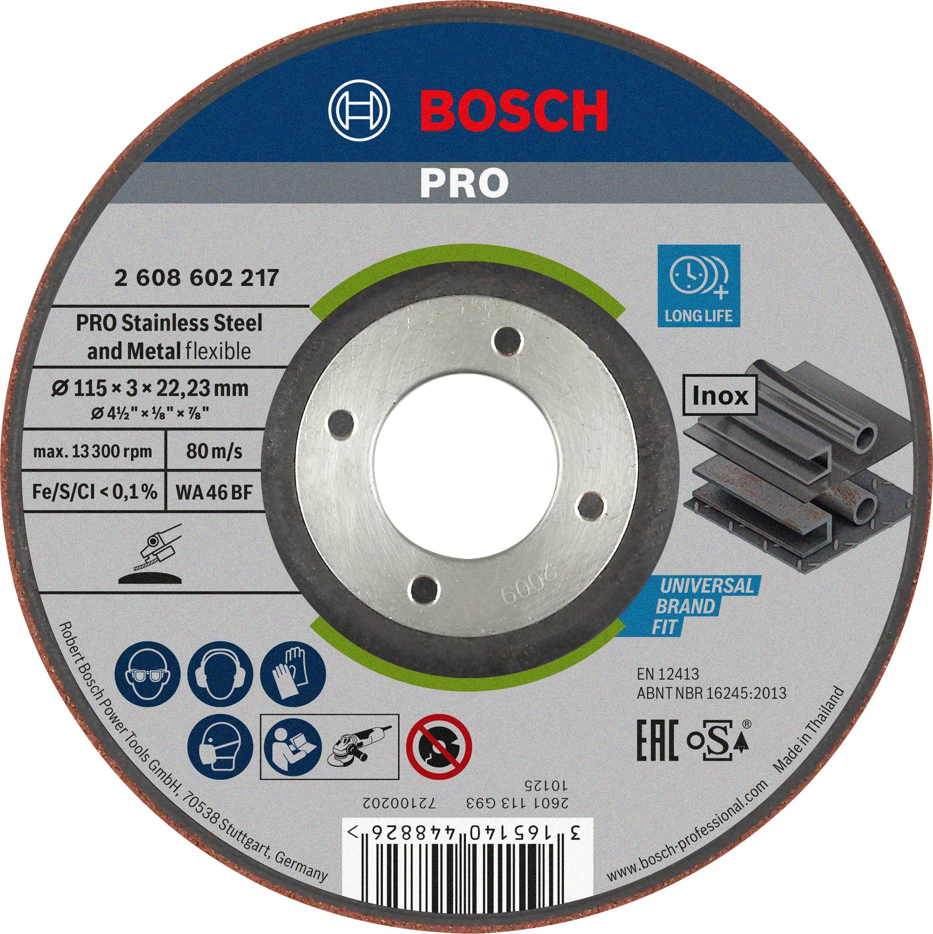 BOSCH PRO csiszolótárcsa rozsdamentes acélhoz és fémekhez, 115x22,23 mm, max. 13.300 ford./perc, univerzális kivitel, hosszantartó felhasználásra.