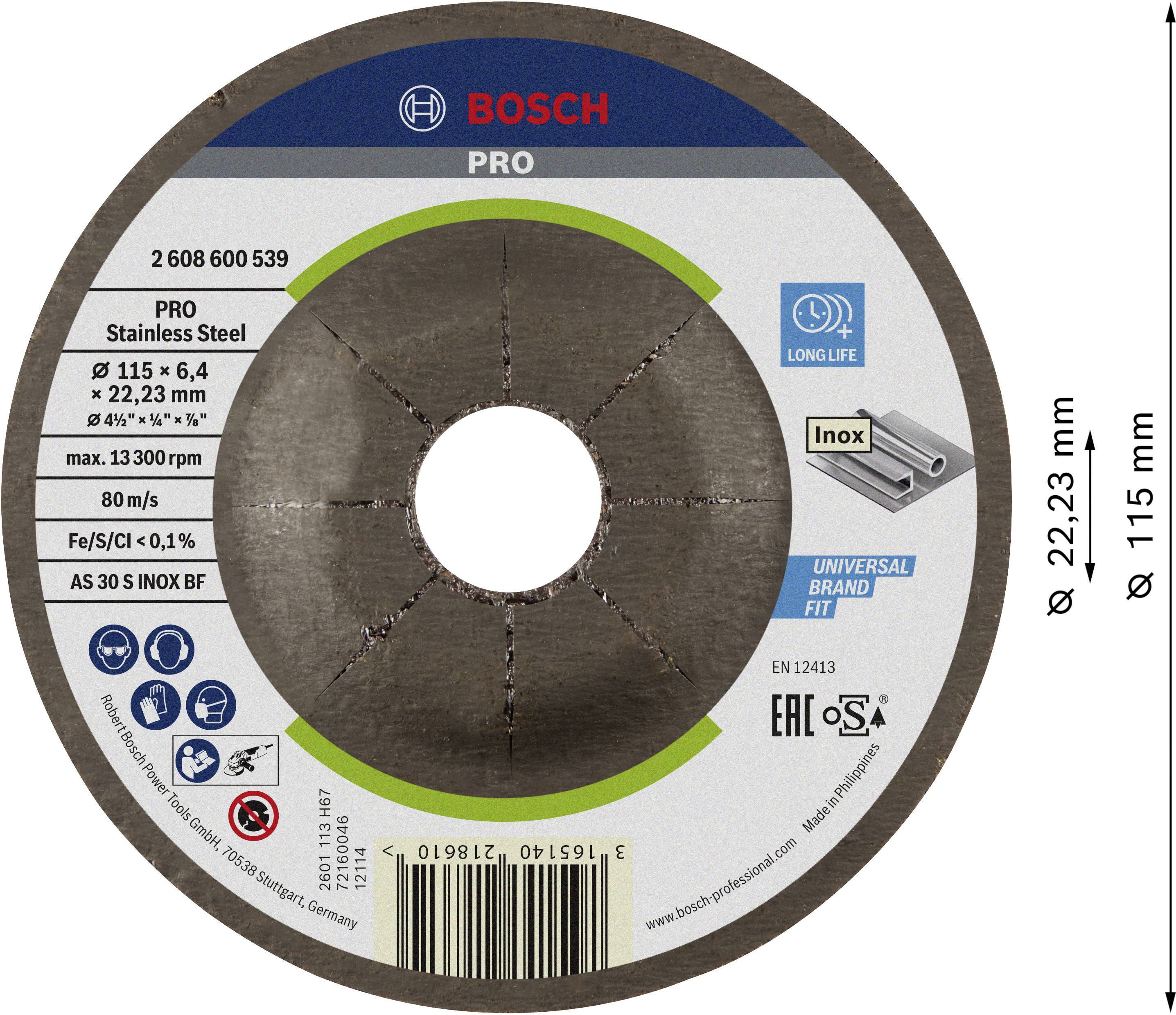 Bosch kerek vágótárcsa rozsdamentes acélhoz, 'Pro' modell, 115 mm átmérővel. Alkalmas 13.300 ford/perc fordulatszámhoz, biztonsági és termékutasításokkal együtt.