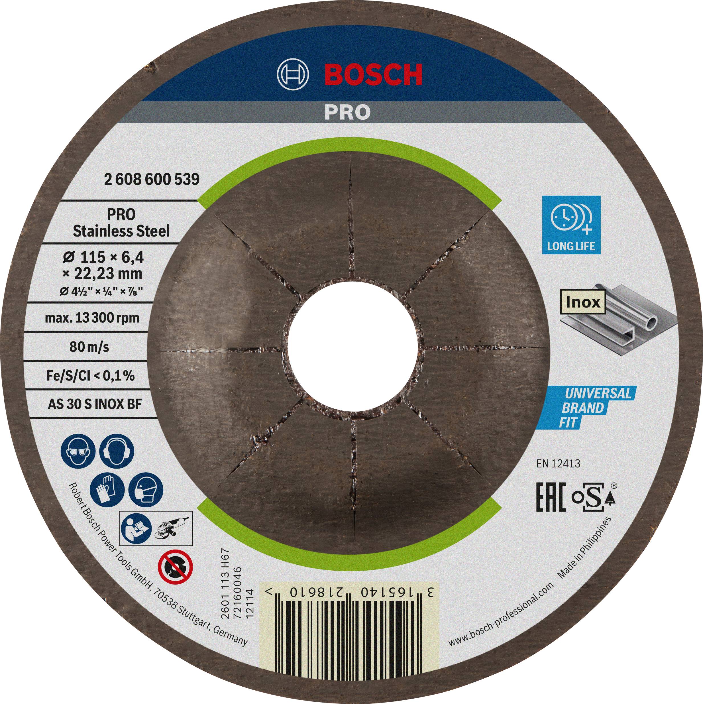 Bosch rozsdamentes acél vágókorong, 115 mm átmérő, 80 m/s, max. 13.300 ford/perc. Tartós, univerzális felhasználásra alkalmas.