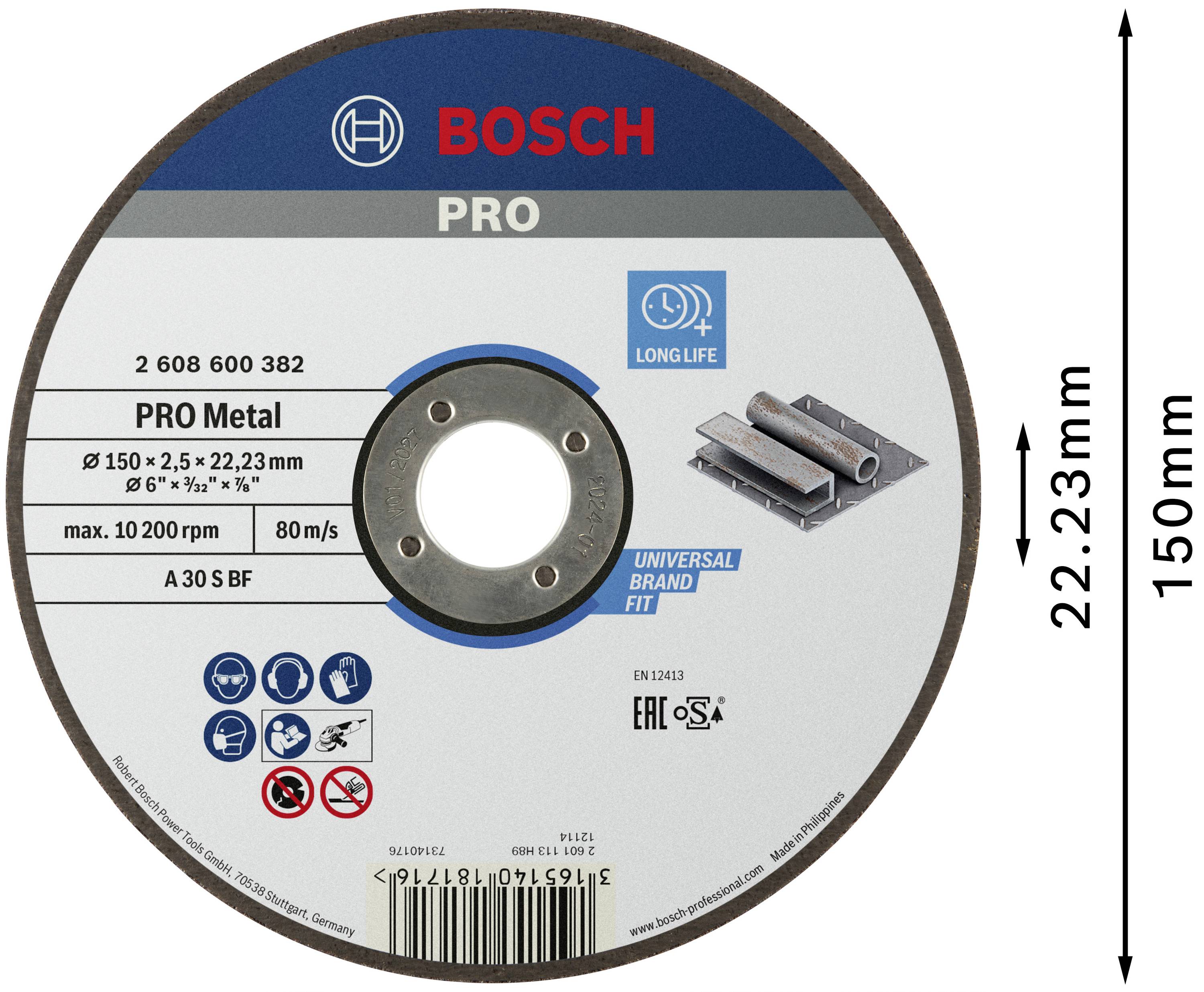 Csiszolótárcsa Bosch logóval, 'PRO Metal' felirattal. Átmérő 150 mm, vastagság 2,23 mm. Fémfeldolgozásra alkalmas.