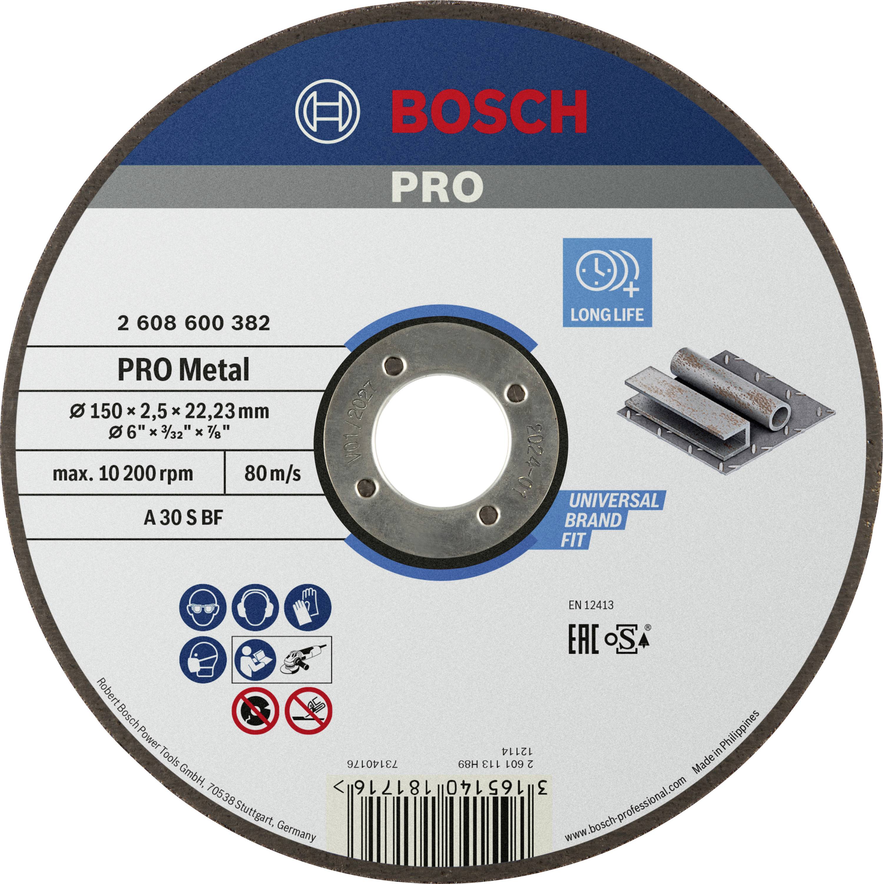 'Bosch PRO Fém' csiszolótárcsa, 150 mm átmérő, 80 m/s sebesség, alkalmas acélfeldolgozáshoz, hosszú élettartam.