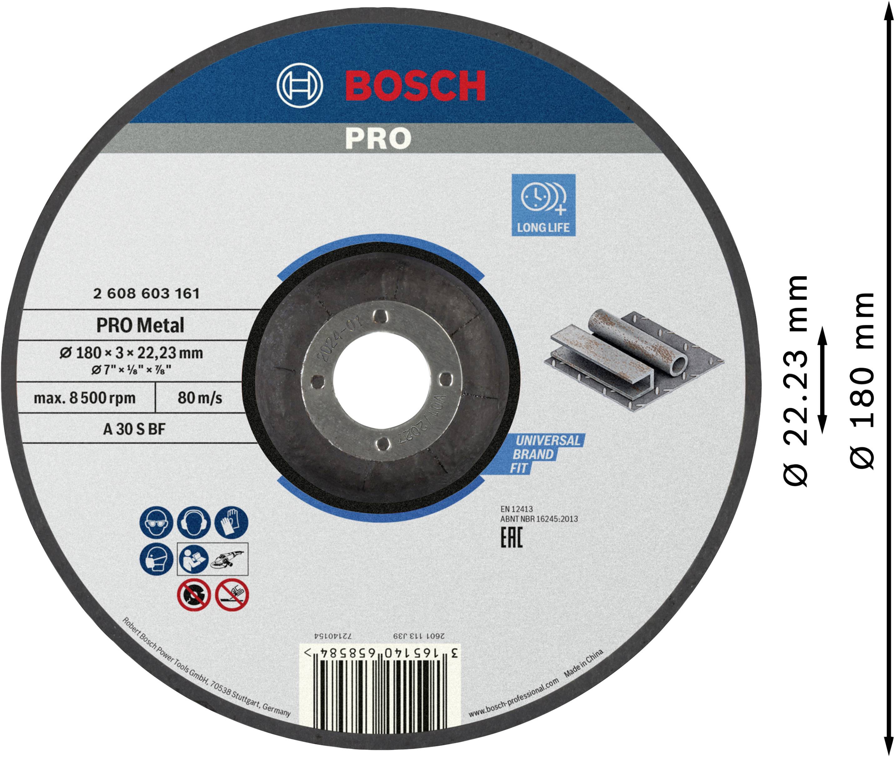 Egy kerek Bosch fémvágó tárcsa 'Long Life' felirattal, 180 mm átmérő, max. 8500 ford/perc fordulatszám, Pro Metal-hez.