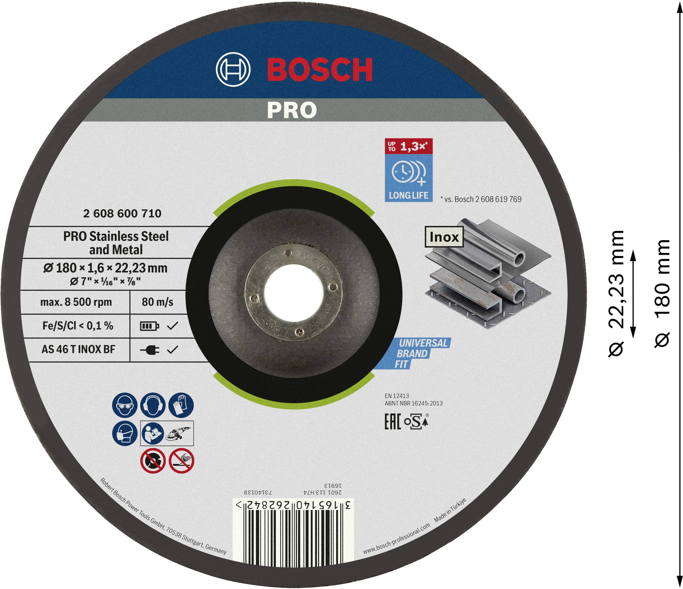 Az ábra egy Bosch PRO vágótárcsát mutat nemesacélhoz és fémhez a következő méretekkel: 180 x 1,6 x 22,23 mm. A sebességadatok és biztonsági tanúsítványok fel vannak tüntetve.