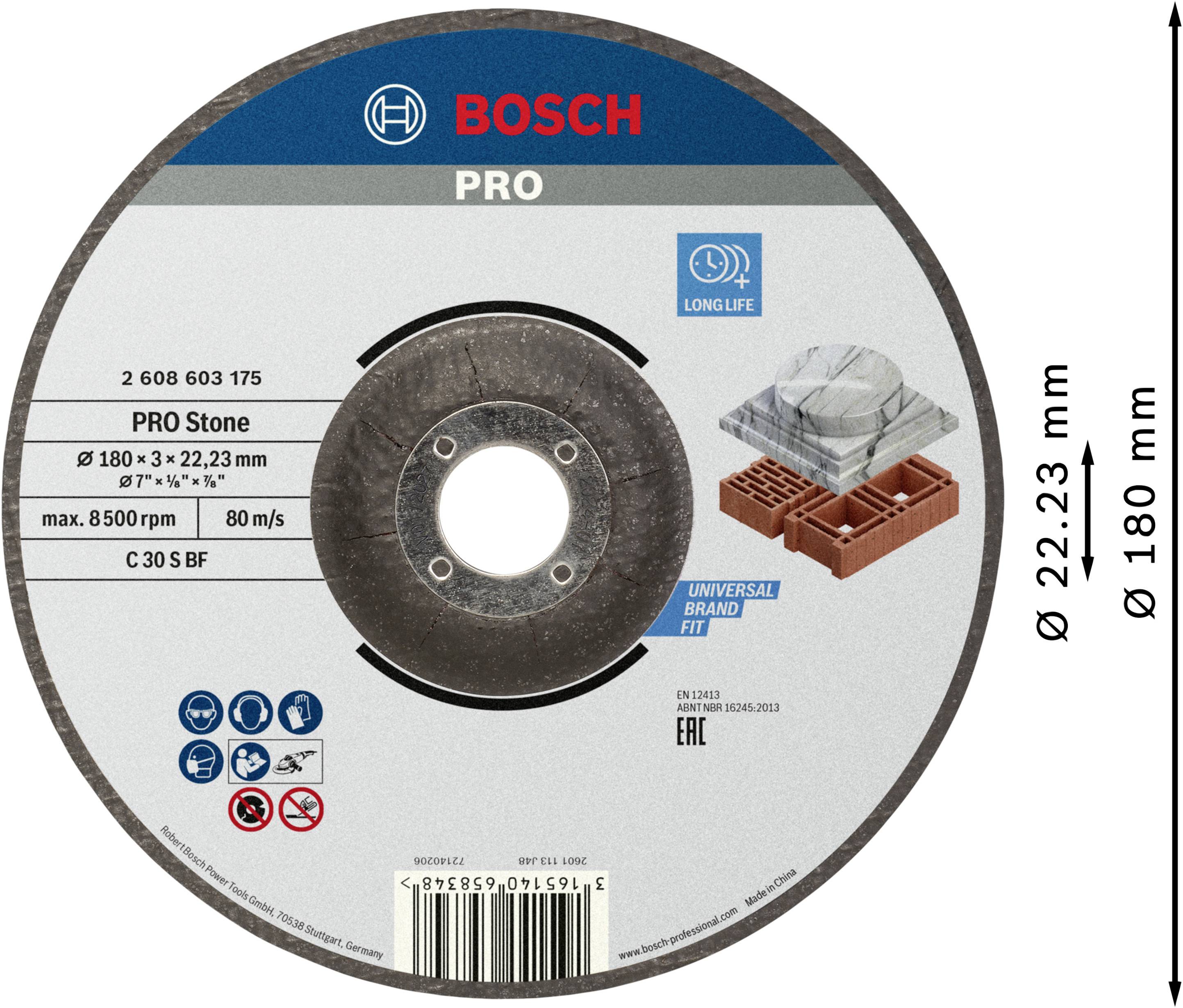 Csiszolótárcsa 'Bosch Pro' kőhöz; átmérő 180mm, vastagság 22,23mm. Alkalmas 8500 ford/perc, 80 m/s sebességhez. Tartós, univerzális márka.