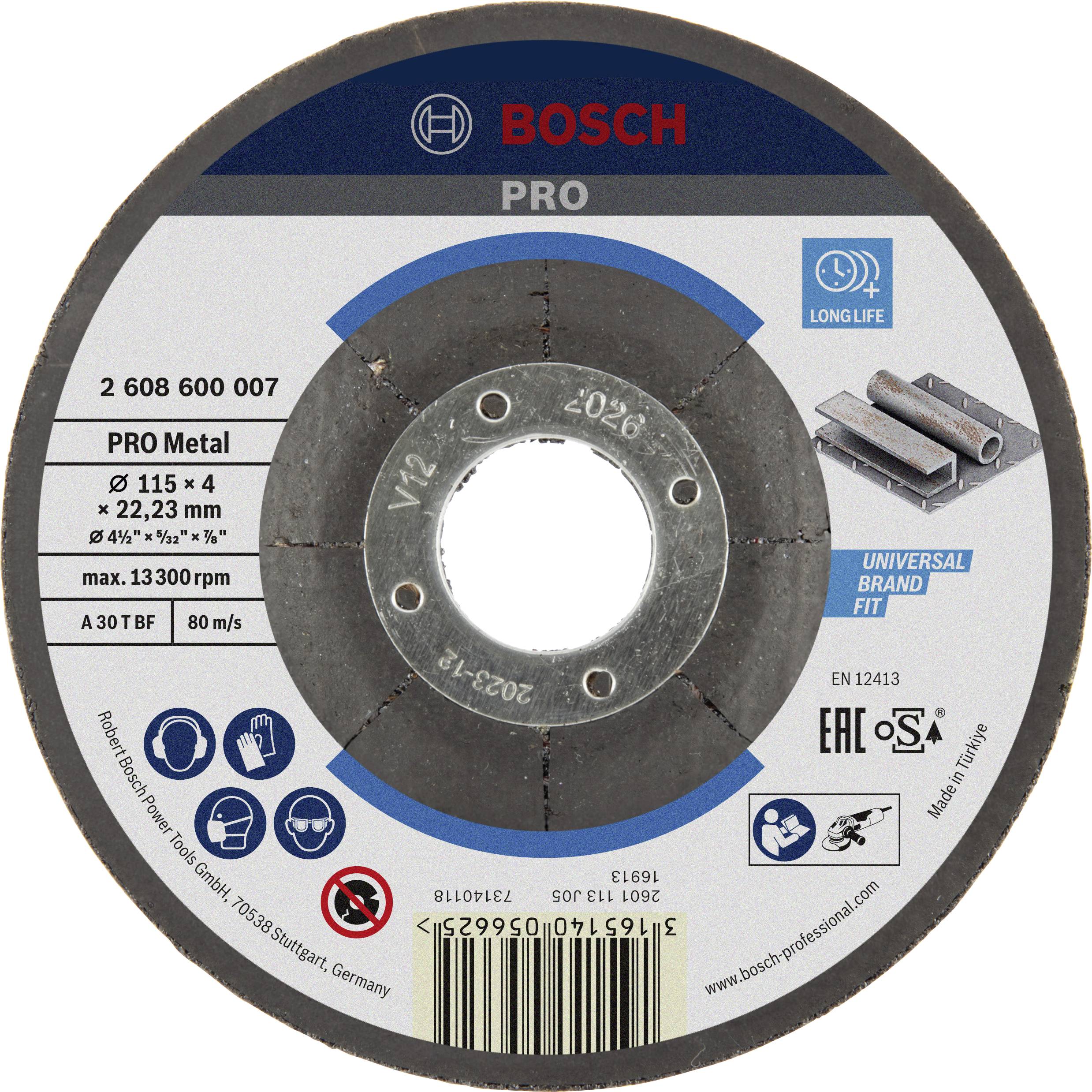 'Bosch PRO fémvágó korong, átmérő 115 mm, vastagság 4 mm, furat 22,23 mm, maximális fordulatszám 13.300 ford/perc, EN 12413.'