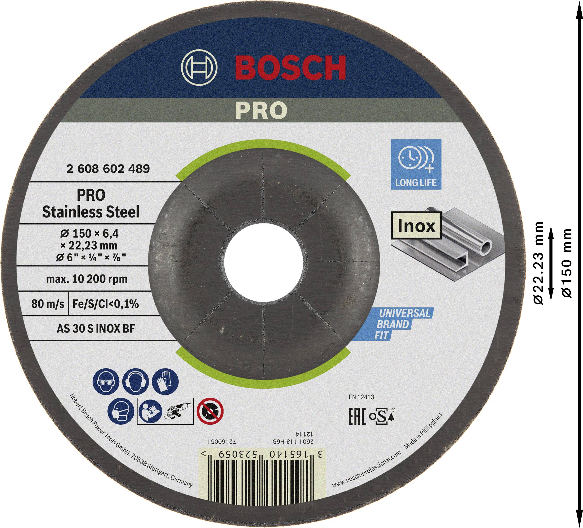 Bosch csiszolótárcsa, 150 mm átmérő, rozsdamentes acélhoz, max. 10.200 ford/perc, hosszú élettartam szimbólum, univerzálisan illeszkedő.