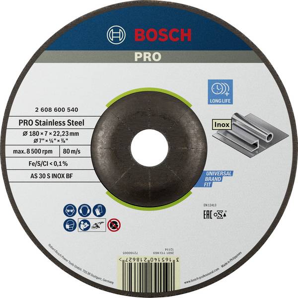 <br>  Bosch Accessories<br>  2608600540<br>  2608600540<br>  Nagyolótárcsa, hajlított<br>  180 mm<br>  1 db<br>  Acél<br>