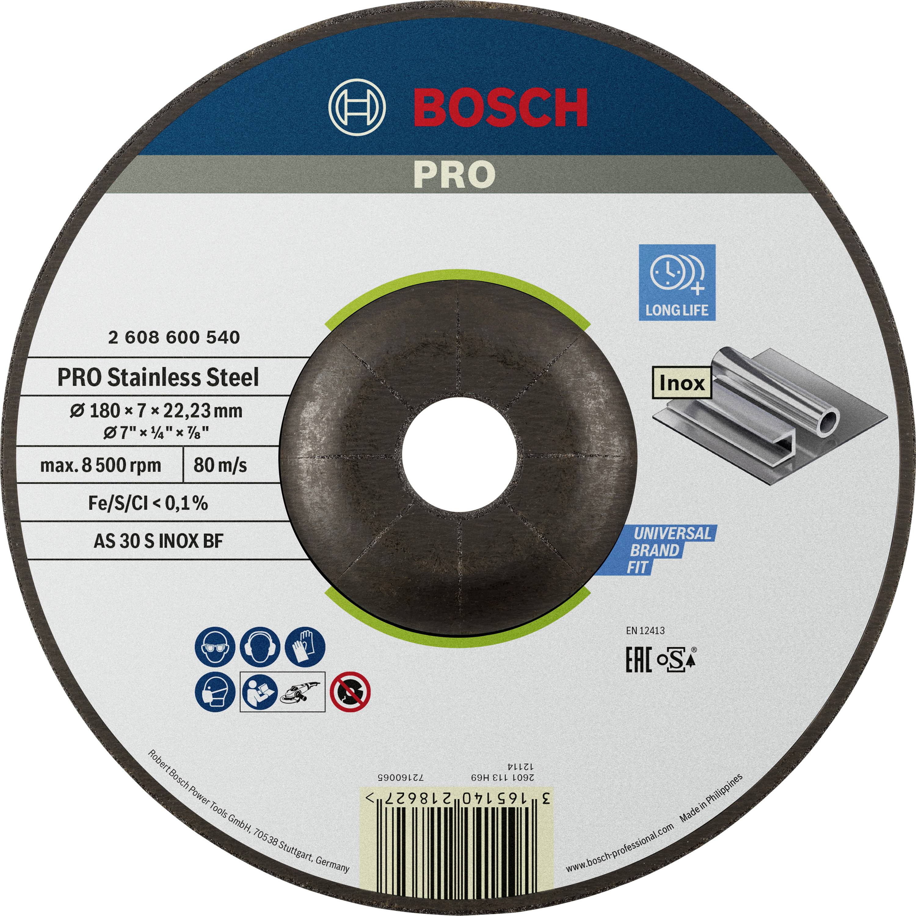 Bosch PRO rozsdamentes acél vágókorong, 180 mm átmérőjű, max. 8.500 ford./perc, rozsdamentes acélhoz, hosszú élettartamú.