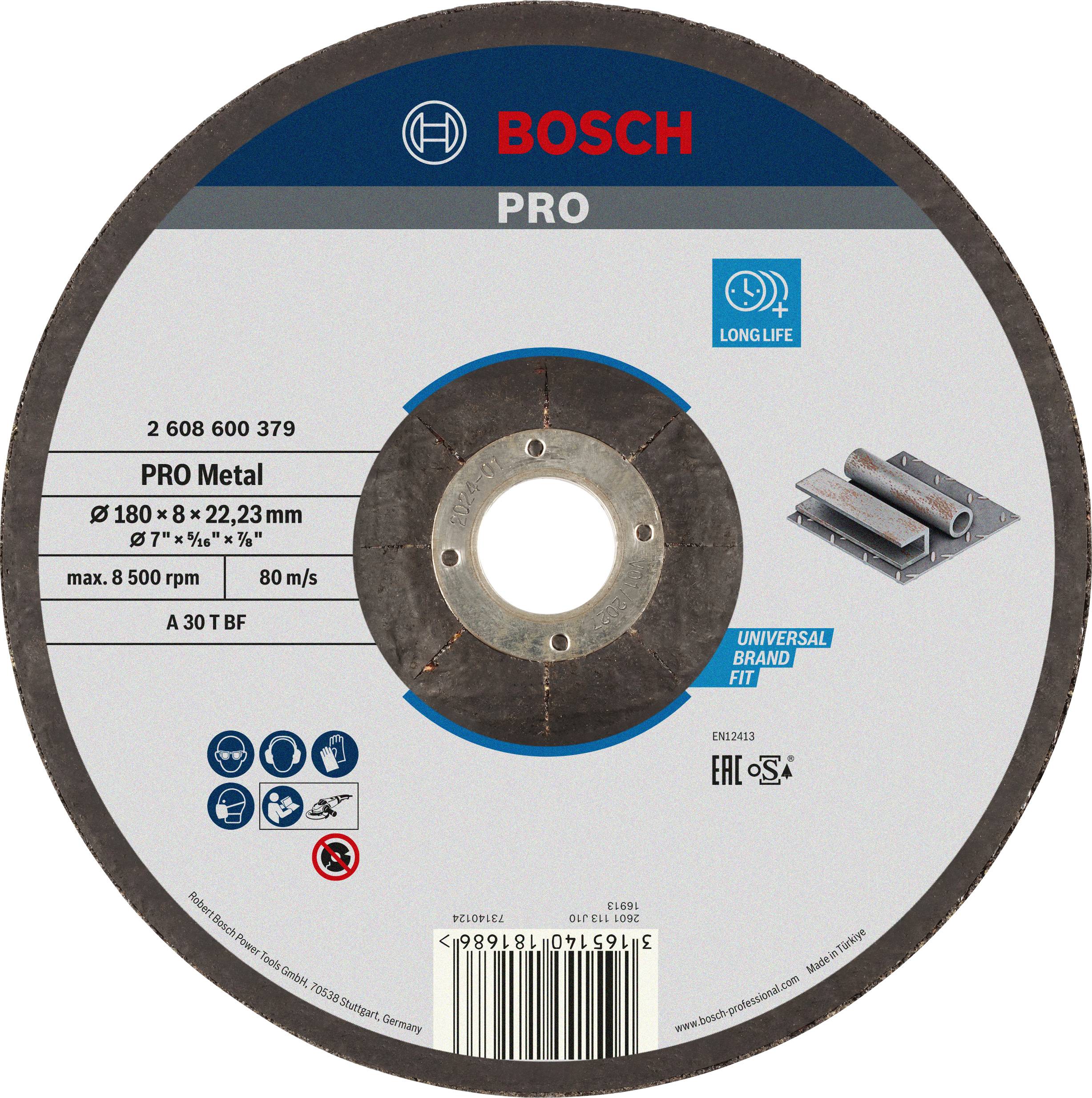 Egy Bosch fémvágó korong 180 mm átmérővel és 8 mm vastagsággal, alkalmas 80 m/s sebességre és maximum 8500 ford./perc fordulatszámra.