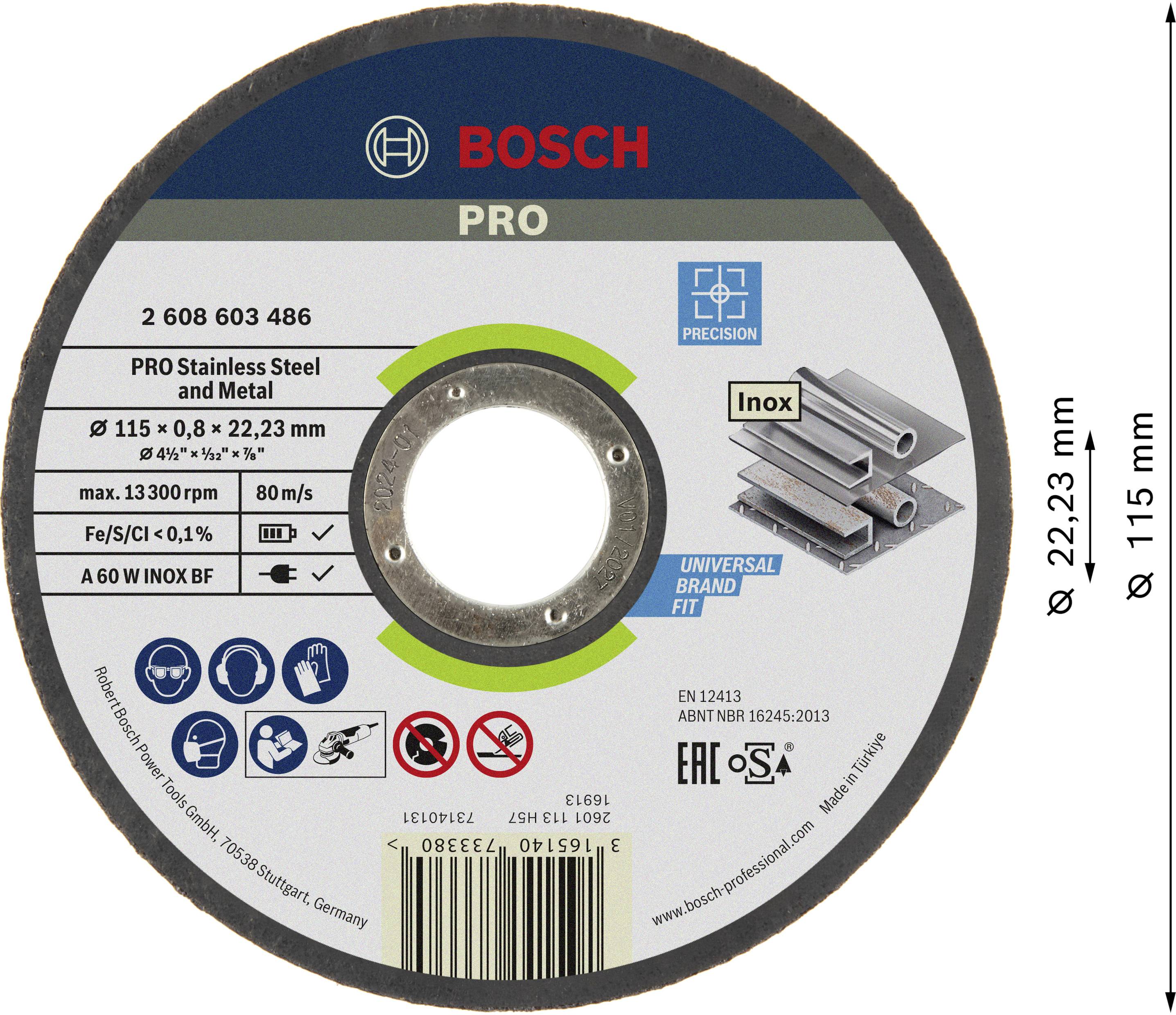 Egy Bosch vágótárcsa rozsdamentes acélhoz és fémhez, átmérő 115 mm, vastagság 0,8 mm. Maximális fordulatszám 13.300 ford/perc.