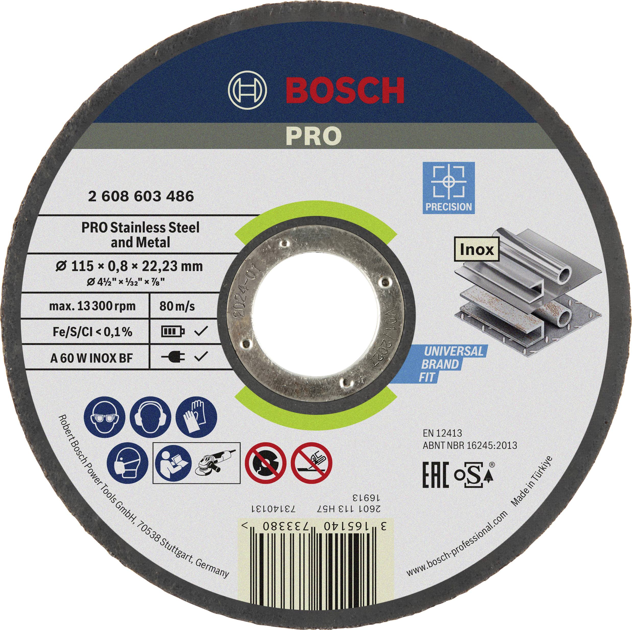 Egy Bosch Pro vágókorong képe. Rozsdamentes acélhoz és fémekhez való műszaki specifikációkkal ellátva, méretekkel és fordulatszámmal.