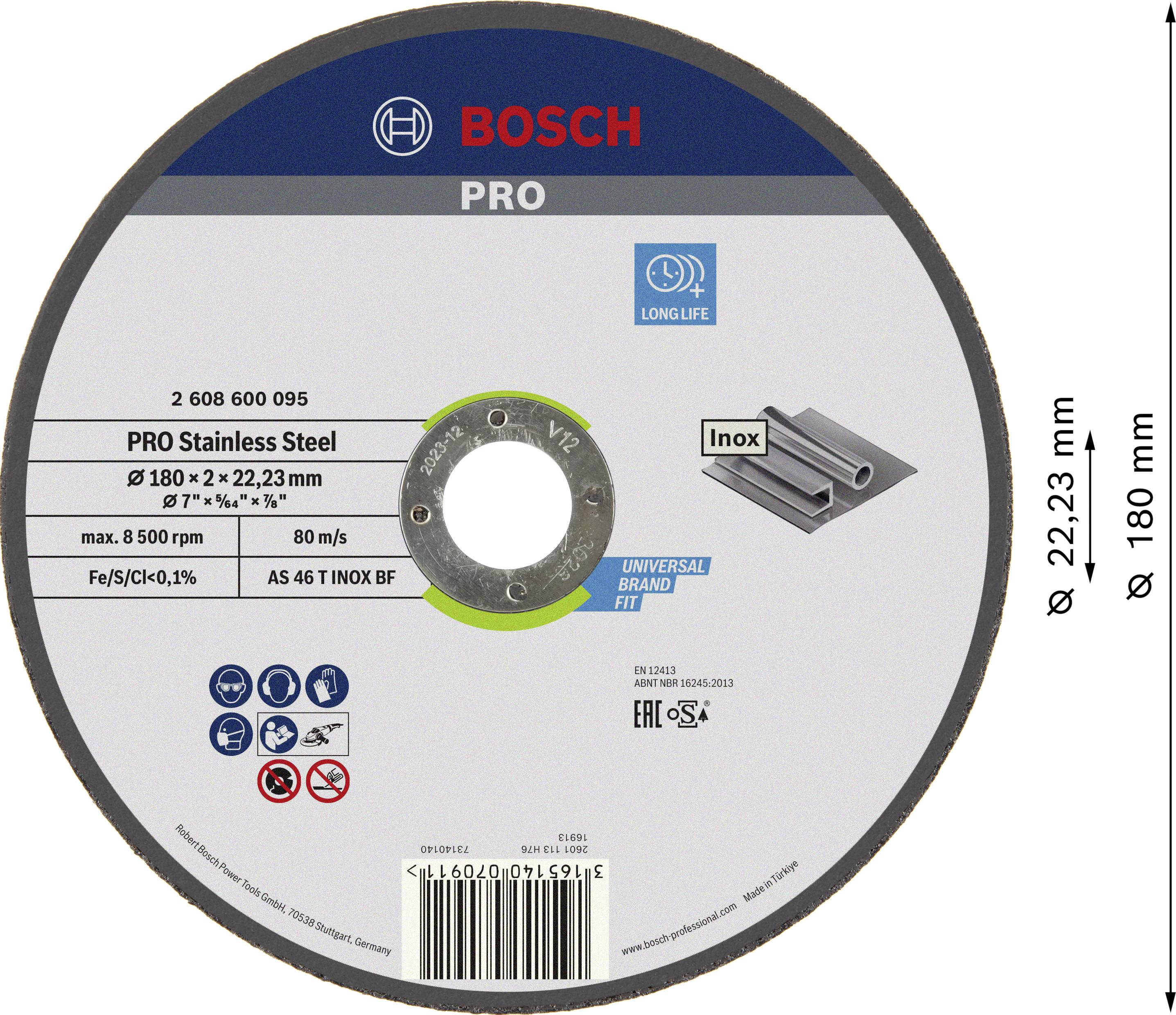 Kerek vágótárcsa a Bosch-tól, 'PRO Stainless Steel' felirattal. 180 mm átmérő, rozsdamentes acélhoz. Termékszimbólumokat és specifikációkat mutat.