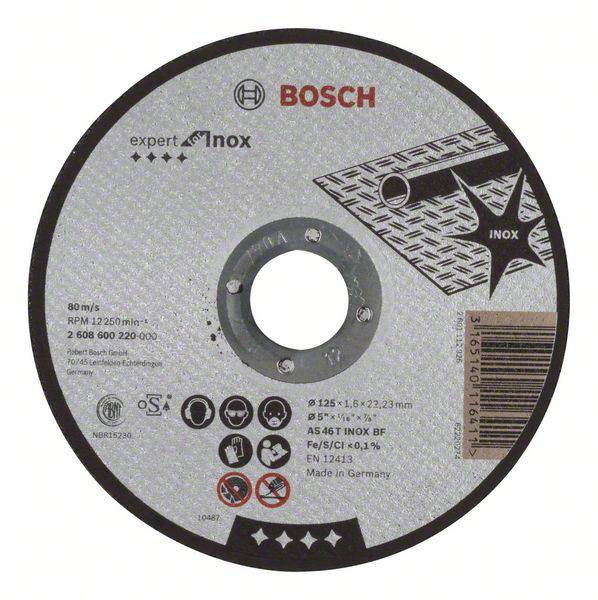 Egy Bosch csiszolólap, alkalmas rozsdamentes acélhoz. Figyelmeztető szimbólumokat és műszaki specifikációkat tartalmaz, mint például a fordulatok percenként és a méretek.