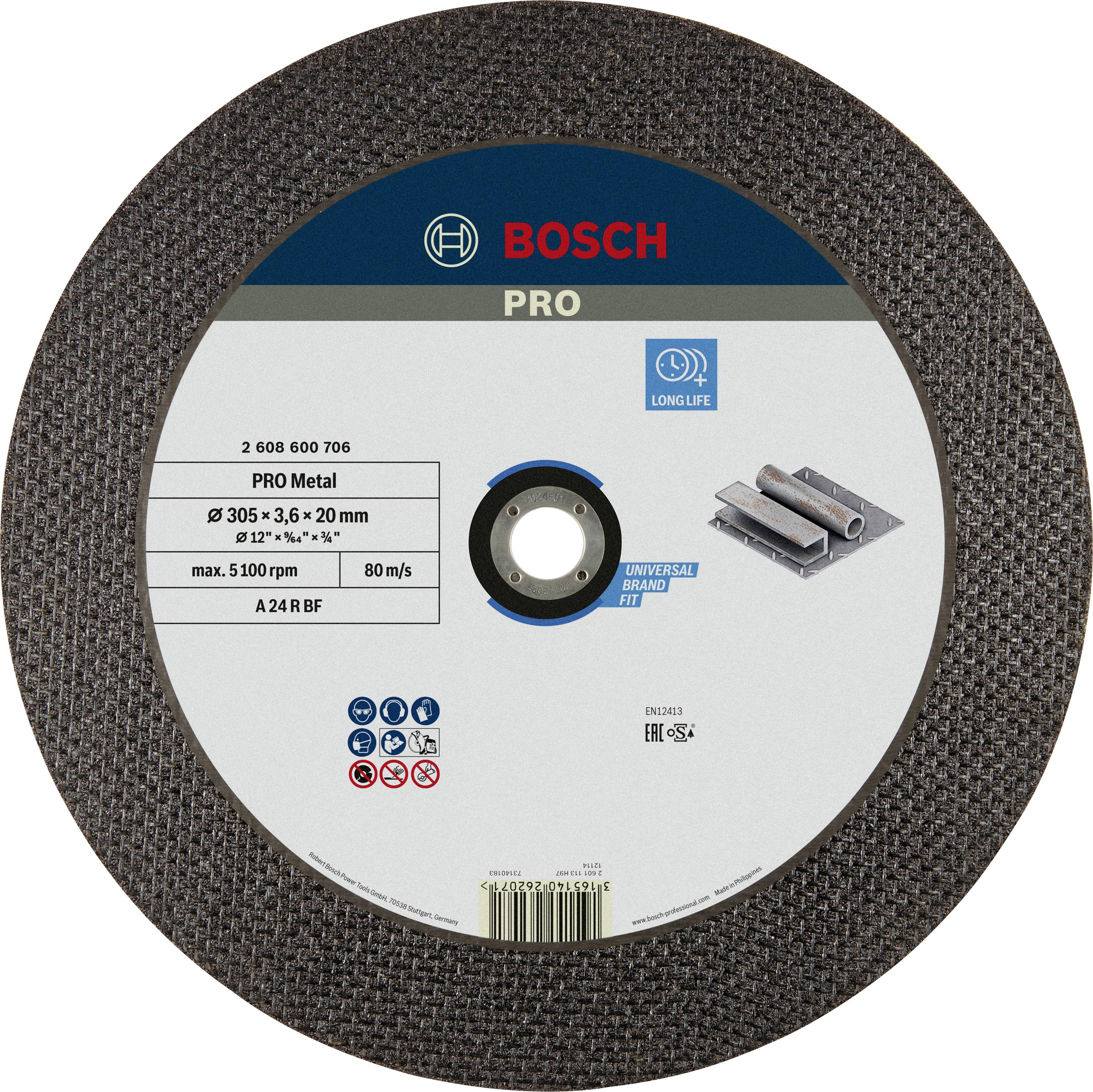 Bosch Pro fémcsiszolótárcsa, 305 mm átmérő, 3,6 mm vastagság. Maximális sebessége 80 m/s, max. 5100 ford./perc.