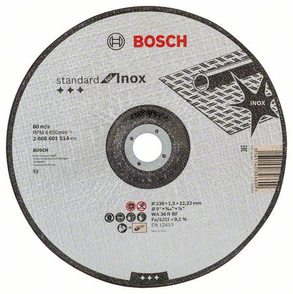 Bosch vágókorong: 'Standard for Inox', átmérő 230 mm, vastagság 1,9 mm. Alkalmas rozsdamentes acélhoz, max. 80 m/s, 6500 ford/perc.