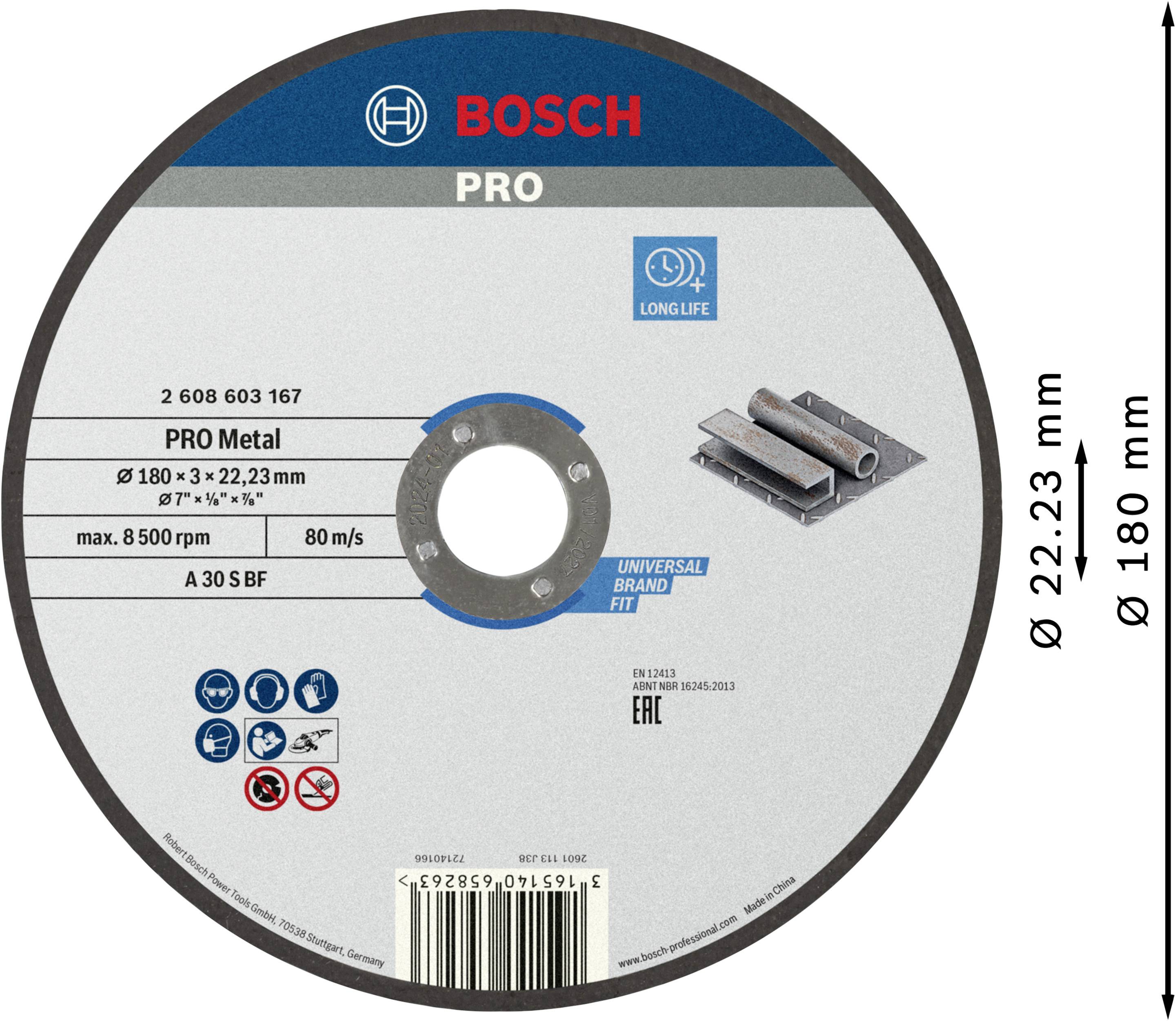 Bosch PRO fém vágókorong, Ø 180 x 3 x 22,23 mm, max. 8500 ford/perc, 80 m/s, A30 S BF.