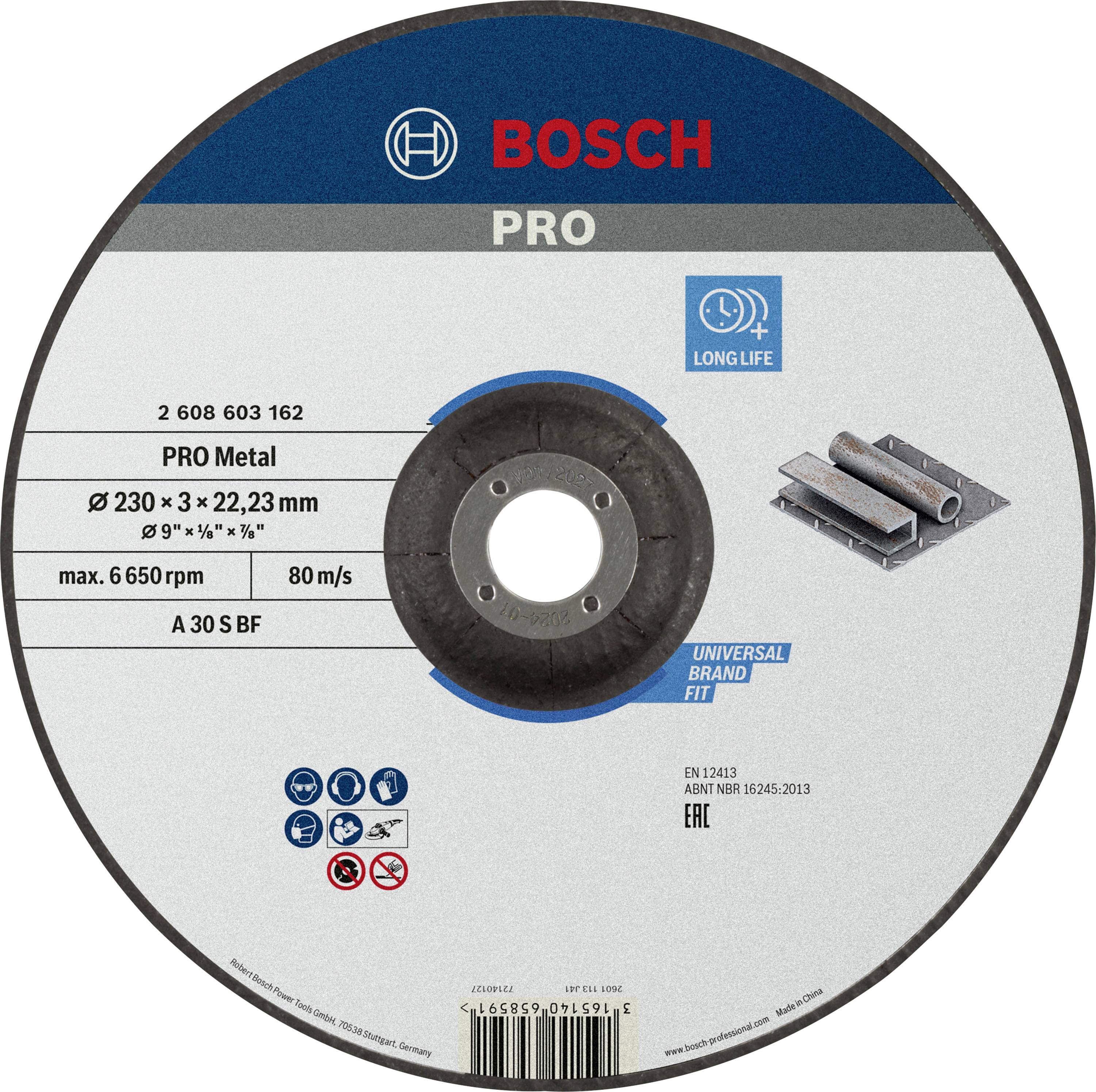 Bosch fémcsiszolókorong, átmérő 230 mm, vastagság 3 mm. Adatok: max. 6650 ford./perc, 'Hosszú élettartam', 'Univerzális illeszkedés'.