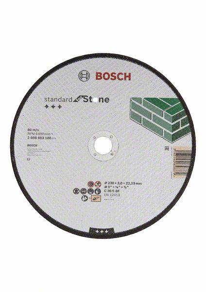 Bosch kővágó korong, átmérő: 230 mm, fordulatszám: 80 m/s, zöld téglafal ikonnal jelölve.
