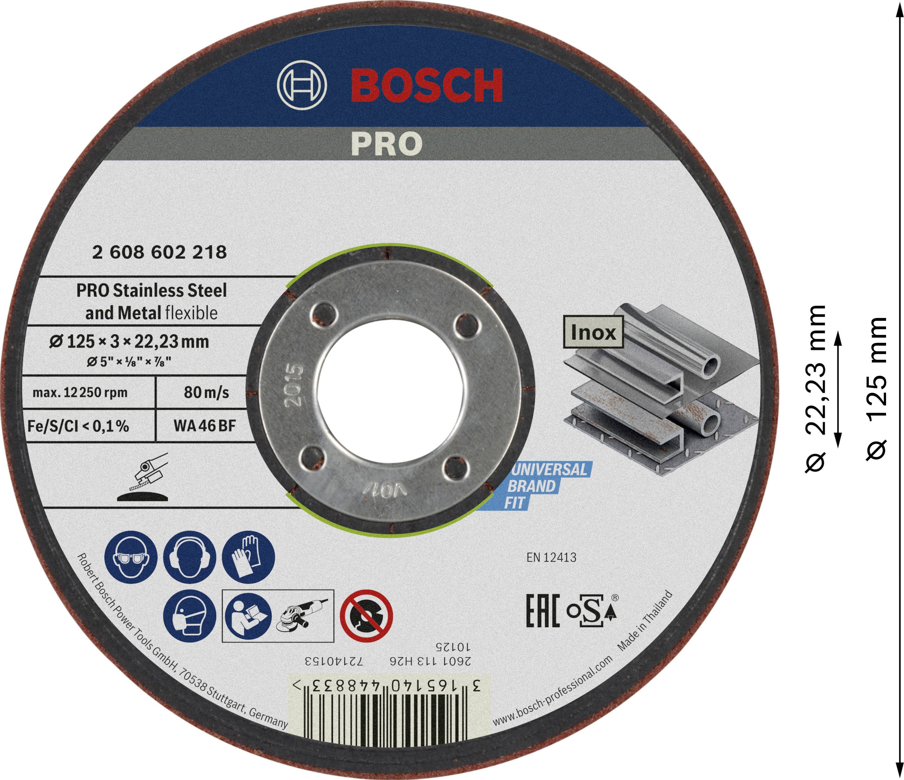 Bosch csiszolótárcsa rozsdamentes acél és fém vágásához, átmérő 125 mm, vastagság 2,23 mm, termékinformációkkal.