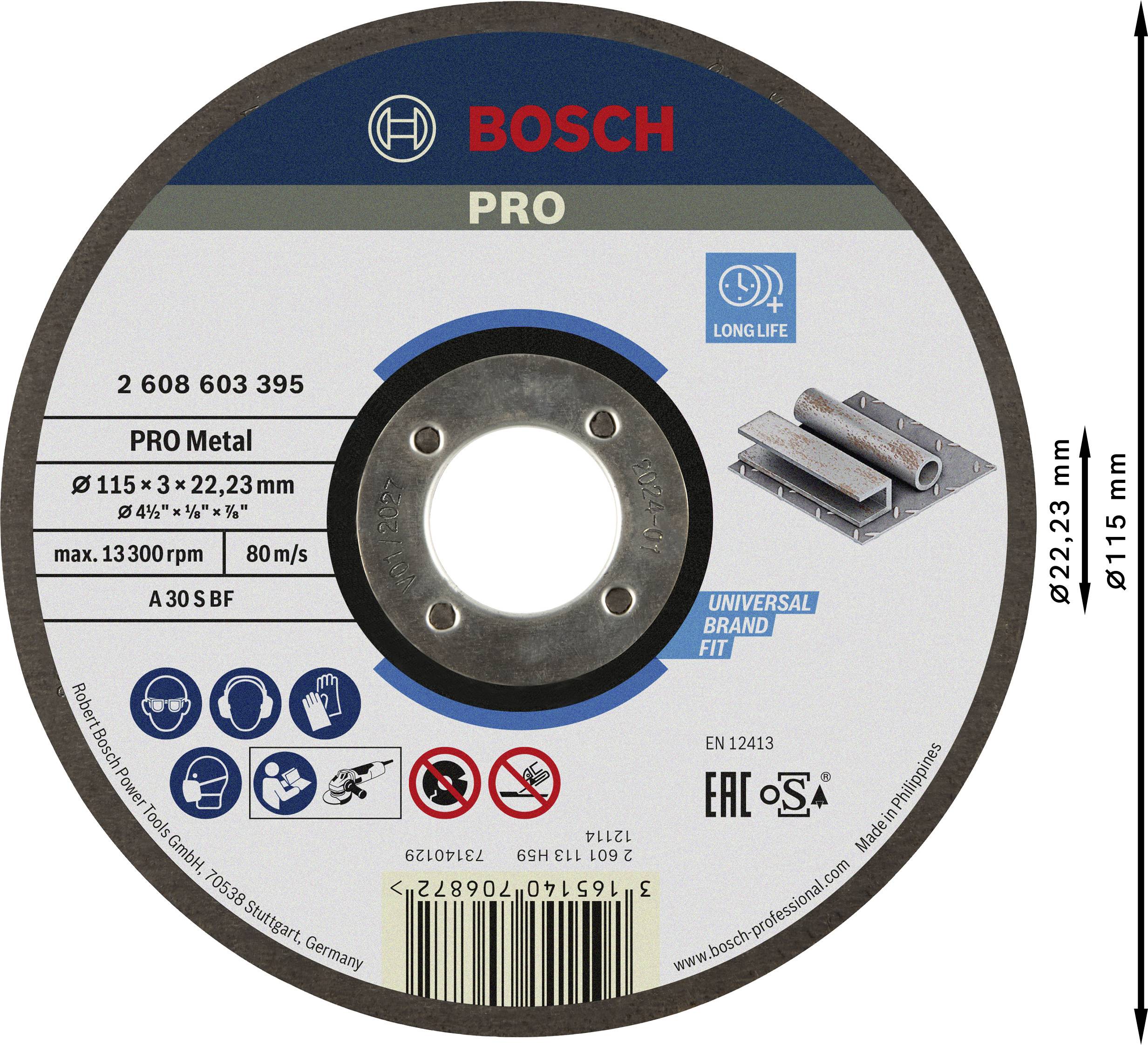 Bosch Pro fémvágó korong, 115 mm átmérő, fémvágáshoz. Hosszú élettartam és kompatibilitás szimbólumot mutat.