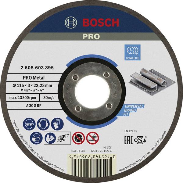 <br>  Bosch Accessories<br>  2608603395<br>  2608603395<br>  Vágótárcsa, egyenes<br>  115 mm<br>  1 db<br>  Acél<br>