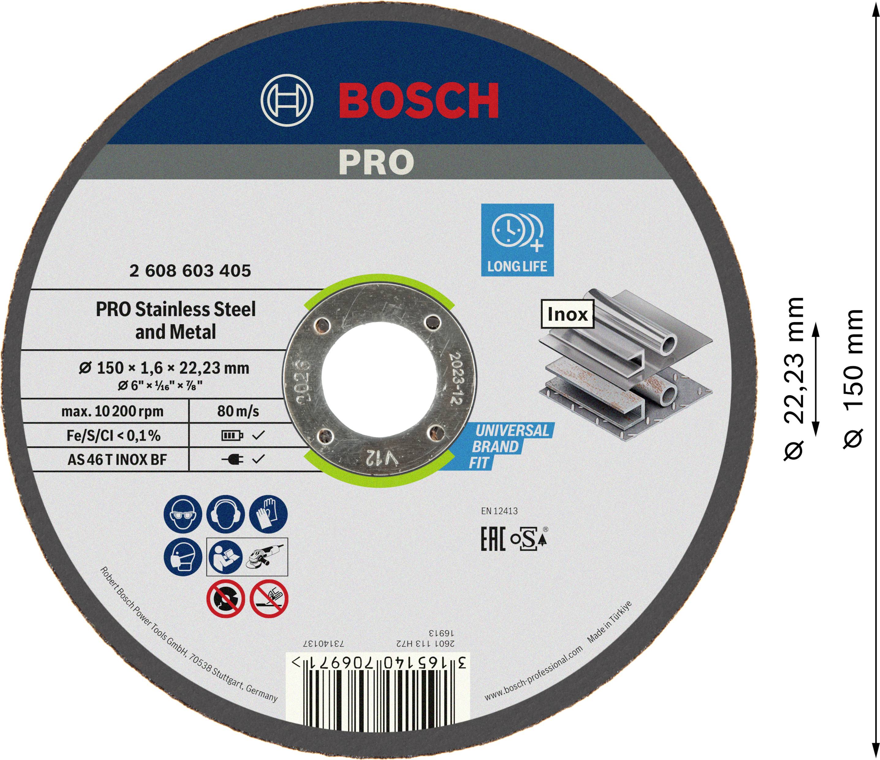 Bosch csiszolótárcsa nemesacélhoz és fémhez, átmérő 150 mm, vastagság 1,6 mm. Rányomott specifikációk és szimbólumok.
