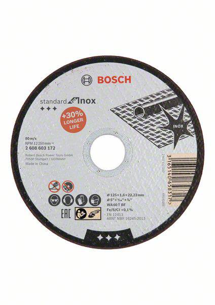 'BOSCH' Fémvágó korong, Modellszám 2 608 603 172, 80 m/s, 30%-kal hosszabb élettartam, alkalmas rozsdamentes acélhoz, Gyártva Kínában.